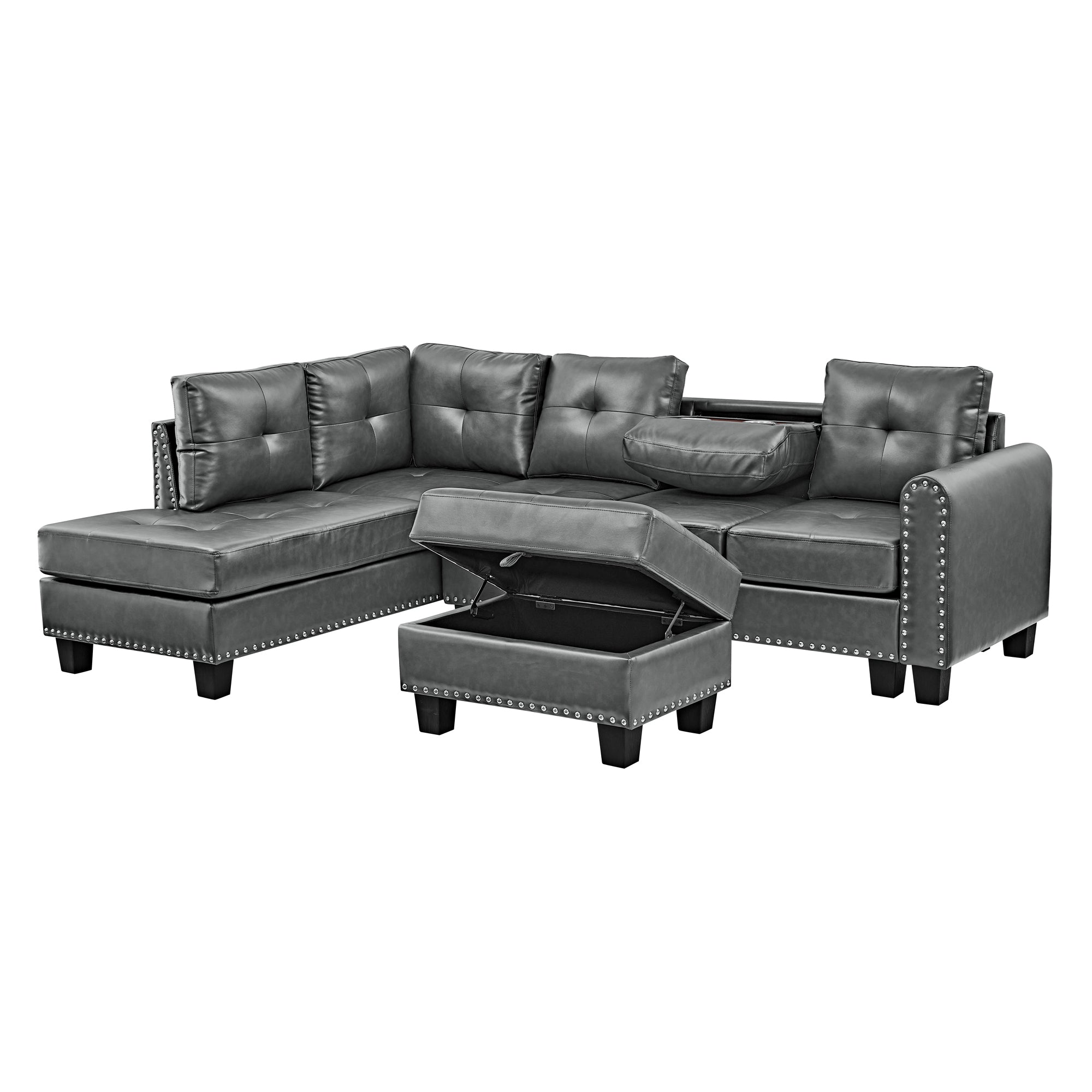 Sectional 3-Seaters Sofa , reversible recliner, Storage pad and wood grain cup holder, Non-slip leg, pu, grey