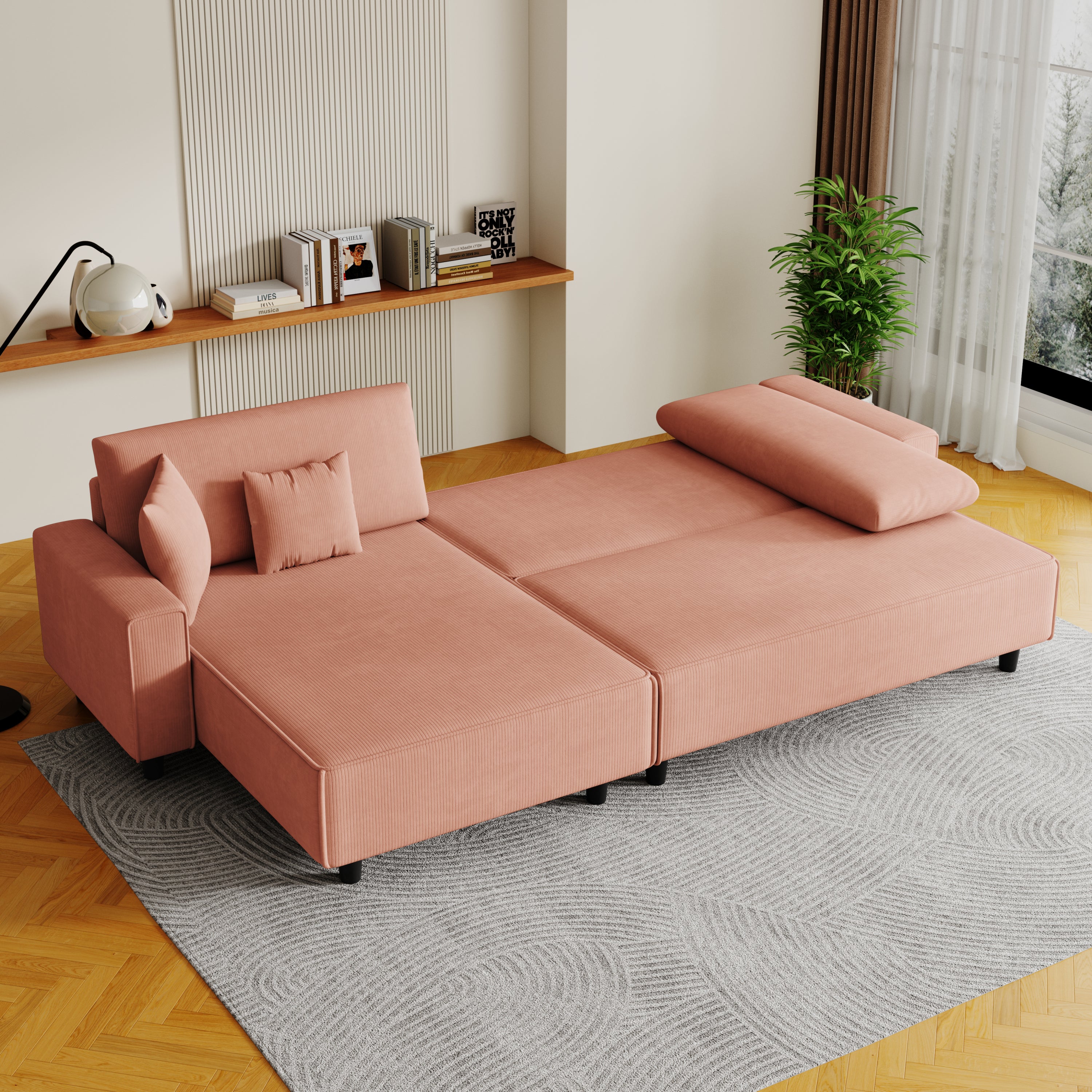 Modern 3-Seater Orange Corduroy Sofa Bed with Two Pillows - Sectional L-Shaped Sofa with Storage