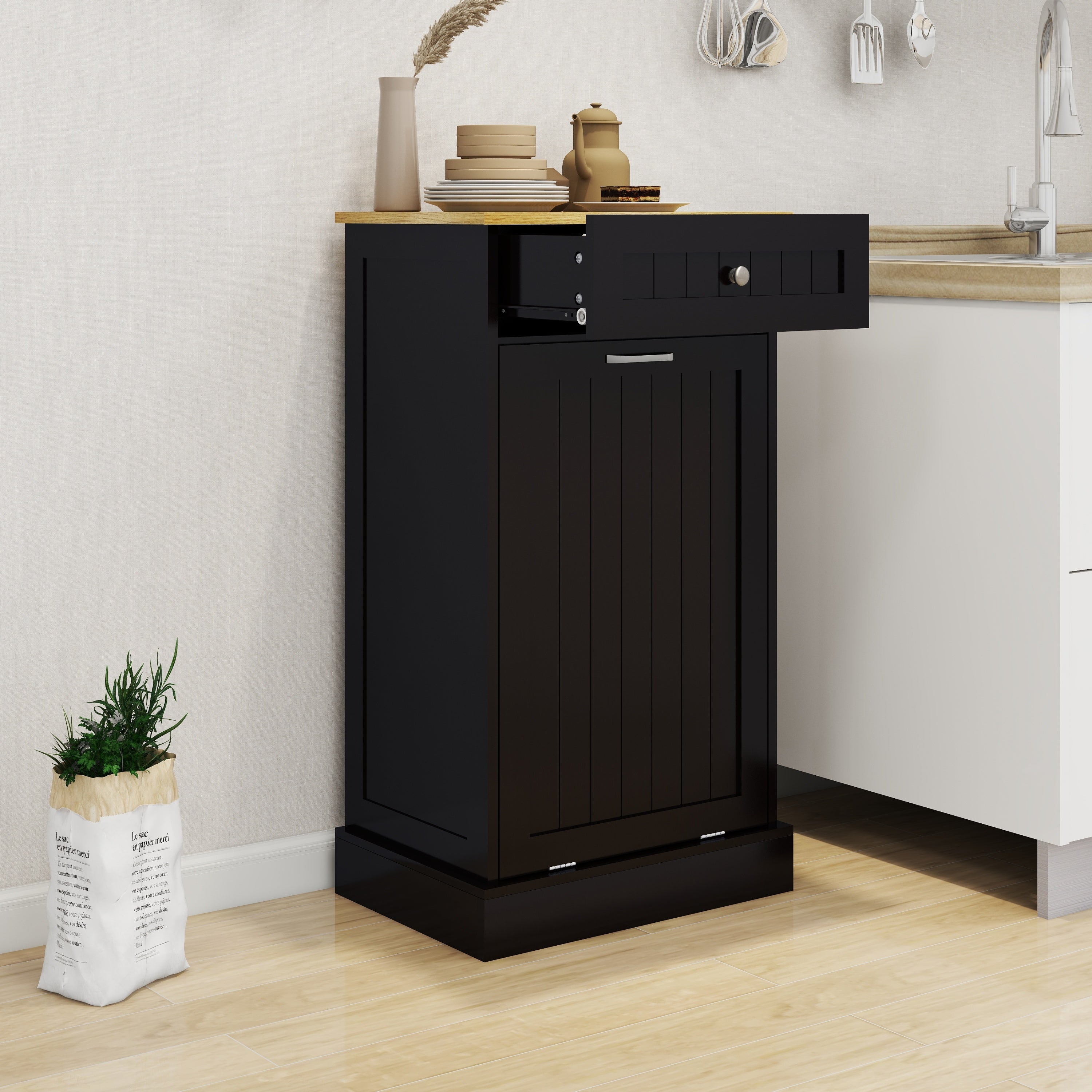 One Drawers and One-Compartment Tilt-Out Trash Cabinet Kitchen Trash Cabinet-Black