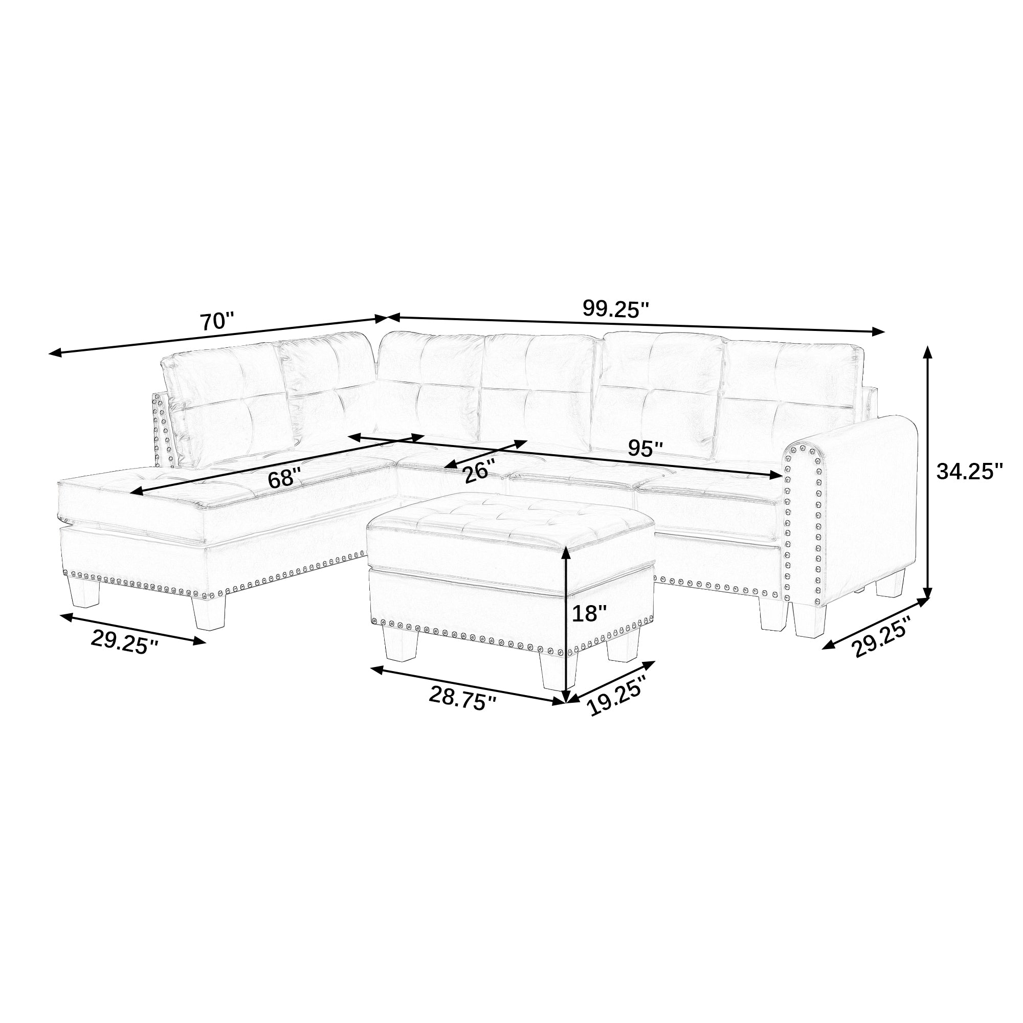 Sectional 3-Seaters Sofa , reversible recliner, Storage pad and wood grain cup holder, Non-slip leg, pu, grey