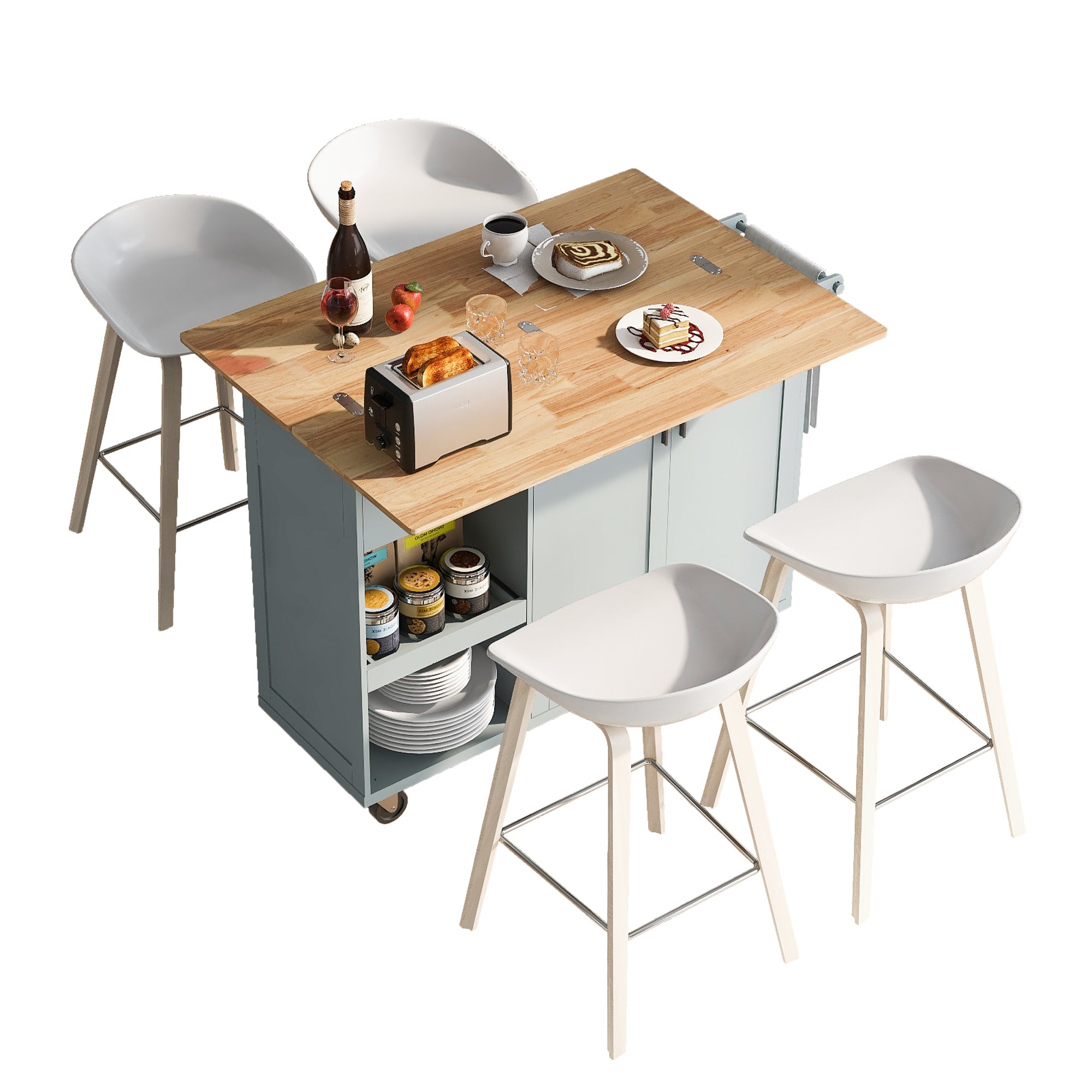 K&K Kitchen Island with Foldable Counter Top for Kitchen, Living Room, Dining Room, Grey Blue