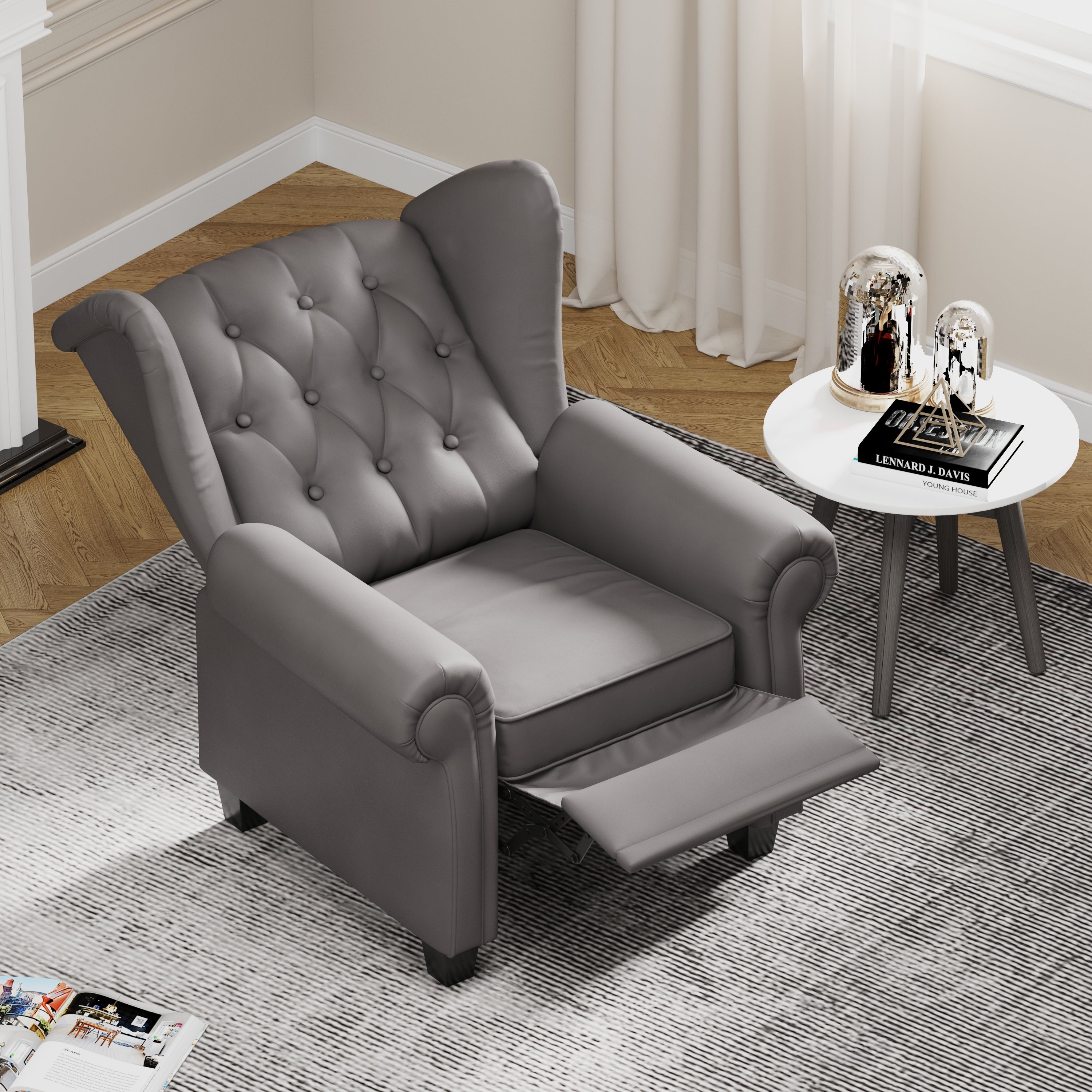 Modern Tufted Push Back Armchair Technical Leather Chair, Adjustable Single Sofa Chair with Sturdy Wood Legs for Bedroom, Living Room, Small Space(Color:GREY)