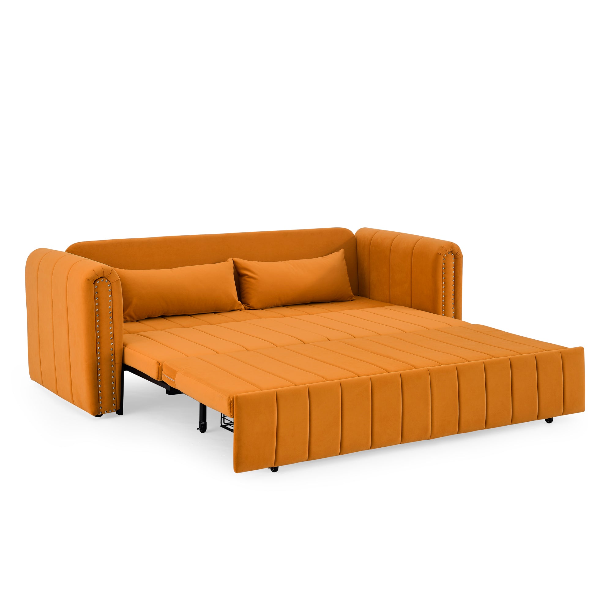 3 in 1 Pull-Out Bed Sleeper, Modern Upholstered 3 Seats Lounge Sofa & Couches with Rolled Arms Decorated with Copper Nails , Convertible Futon 3 Seats Sofabed with Two Drawers and Two Pillows