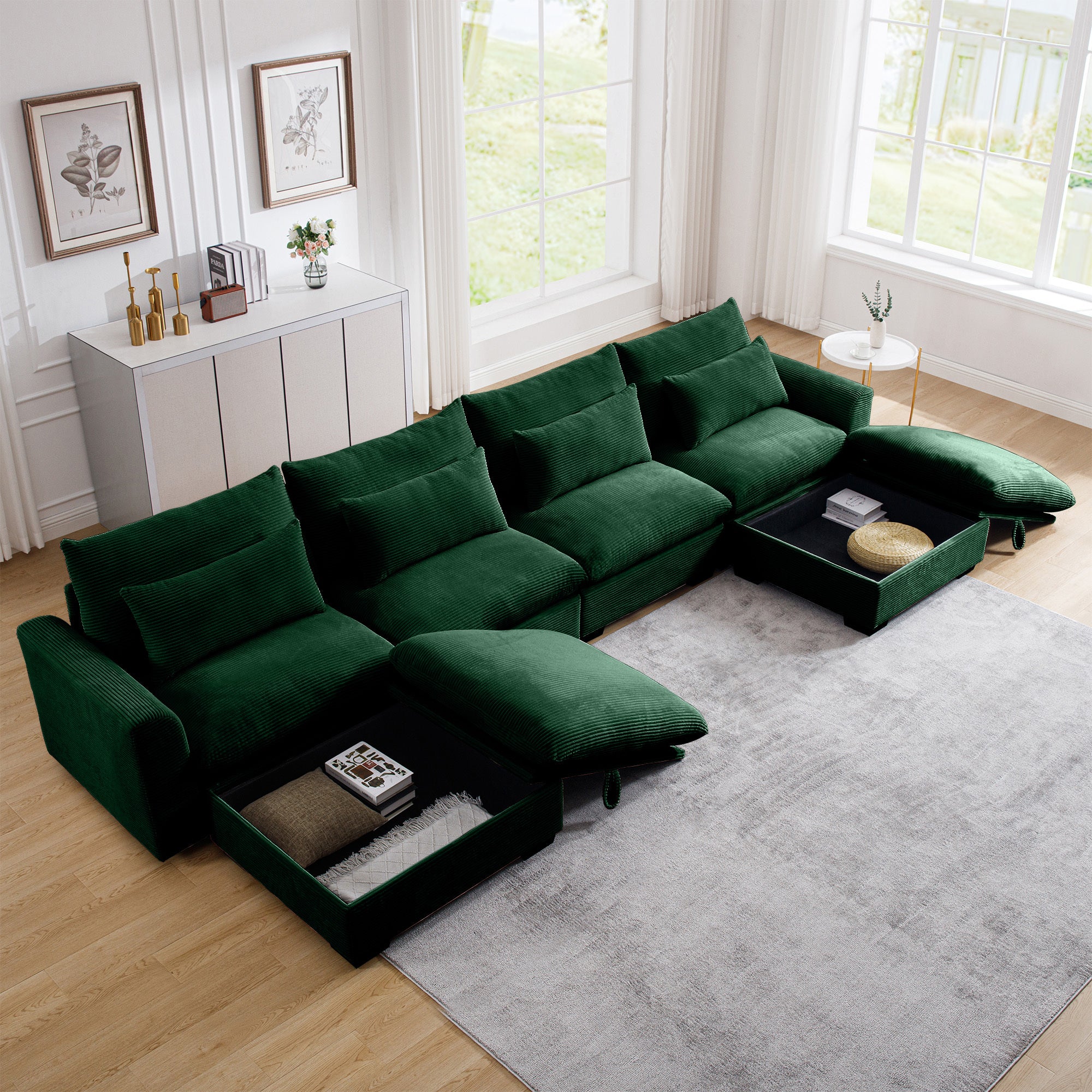 Big Deep Seat U-Shaped Corduroy Sectional Couches for Living Room, 4 Seater Sofa Couch with 2 Storage Footstool and 4 Waist Pillows (Corduroy, Green)