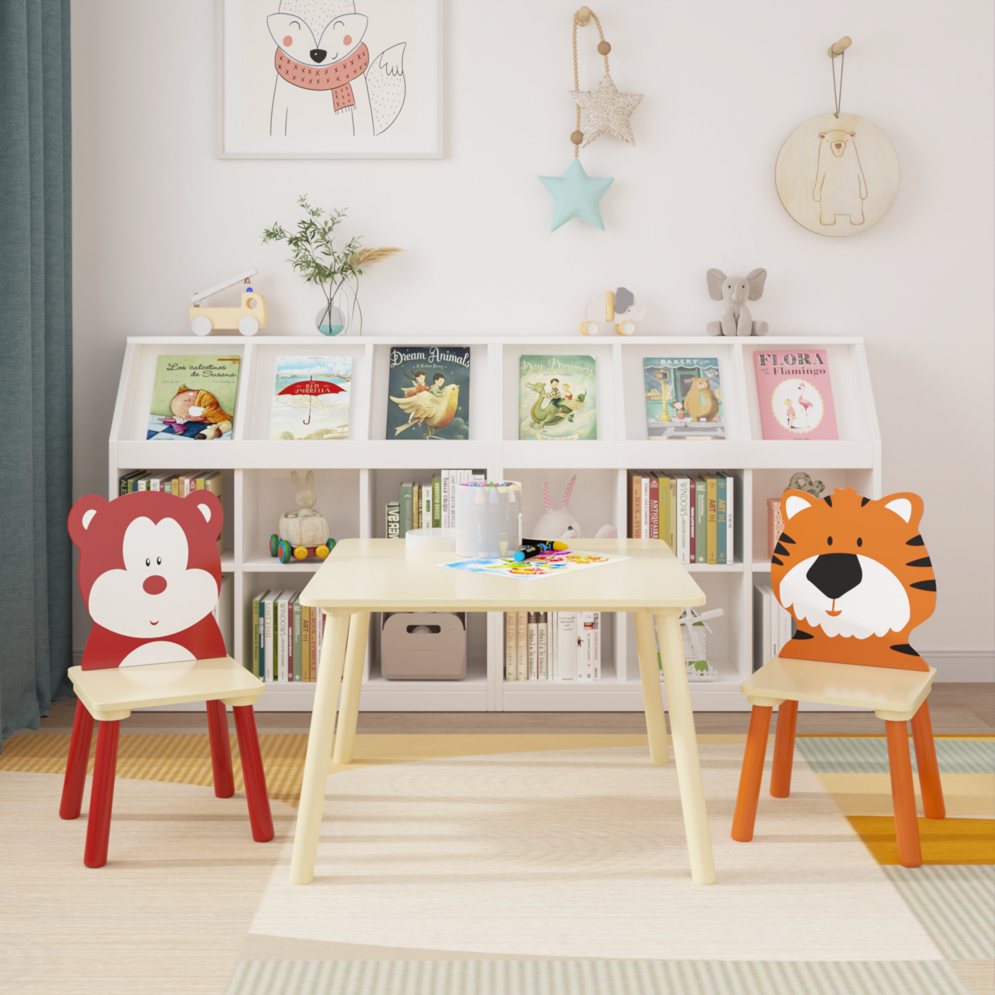 Kids Table and 2 Chairs Set, 3 Pieces Toddler Table and Chair Set, Wooden Activity Play Table Set (Bear&Tiger)