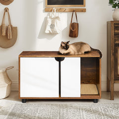 Cat Litter Box Enclosure, Hidden Cat Washroom, Kitty End Table, Furniture Style with Double Doors,White+Vintage