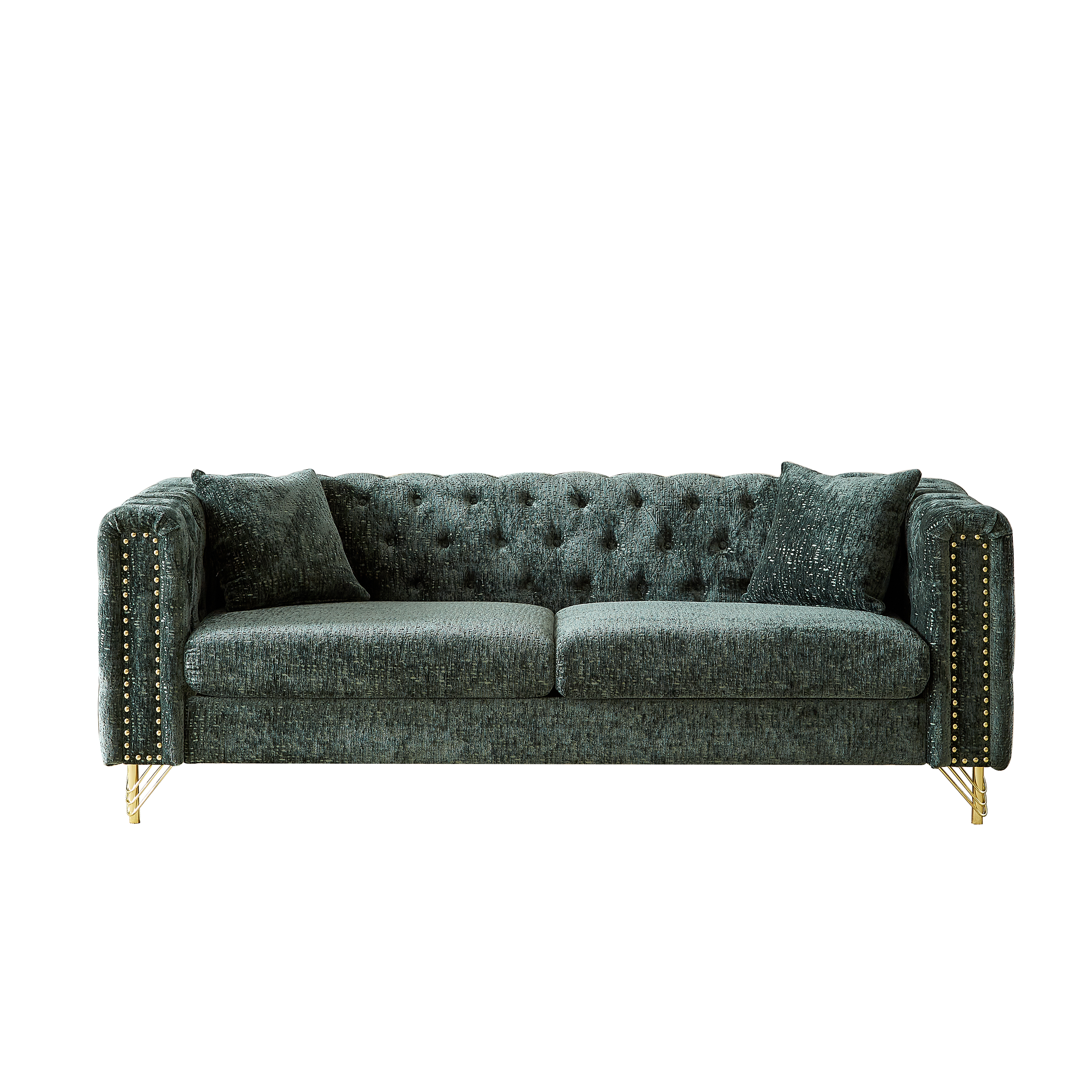 82-Inch Chenille Pull Buckle Design Sofa for Living Room,Buttons Tufted With Copper Nail Decoration Armrest, Modern Couch Upholstered Button And Metal Legs