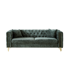 82-Inch Chenille Pull Buckle Design Sofa for Living Room,Buttons Tufted With Copper Nail Decoration Armrest, Modern Couch Upholstered Button And Metal Legs