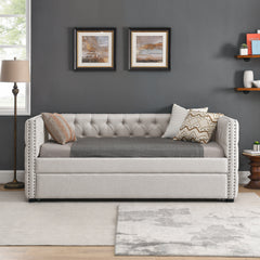 Daybed with Trundle Upholstered Tufted Sofa Bed, with Button and Copper Nail on Square Arms,both Twin Size, Beige(85"x42.5"x31.5")