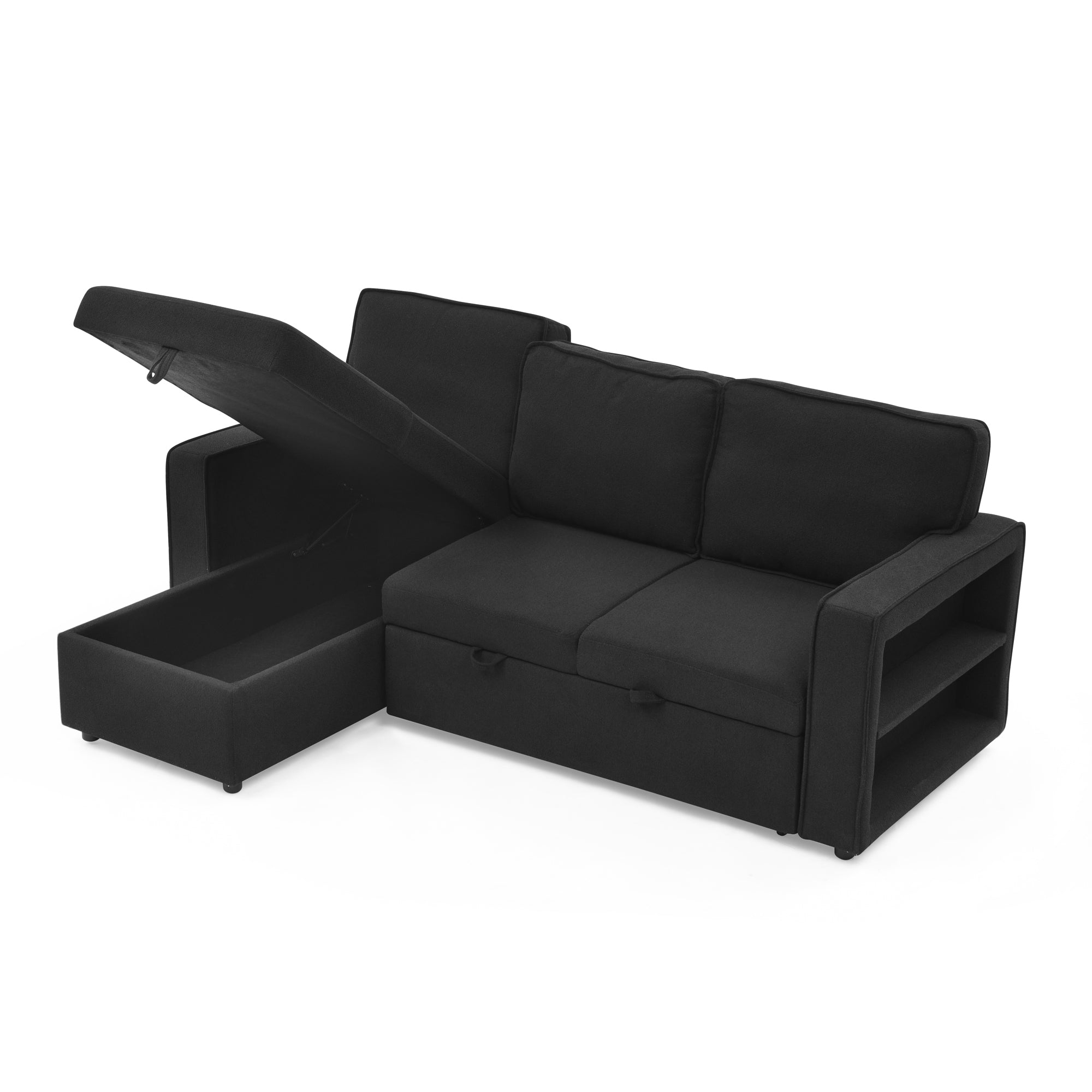 Linen Upholstered Sleeper Sectional Sofa, Shaped Modular Convertible Sofa with Storage Chaise,There are two cup holders in the middle and USB multi-interface function,Pull Out Sleep Couch Bed ,Black