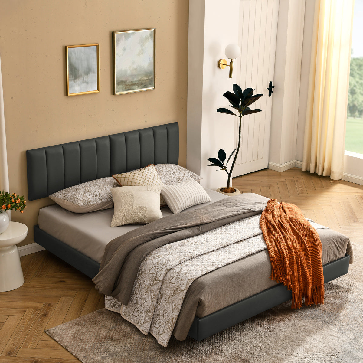 Queen Floating Bed Frame with Wall Mounted Headboard Modern Low Profile Platform Bed Frame Queen Size Faux Leather Upholstered Platform Bed Frame,No Box Spring Needed,Grey