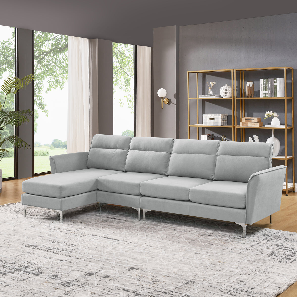 Modern Sofa 3-Seat Couch with Stainless Steel Trim and Metal Legs for Living Room,New package compression sofa technology,gray