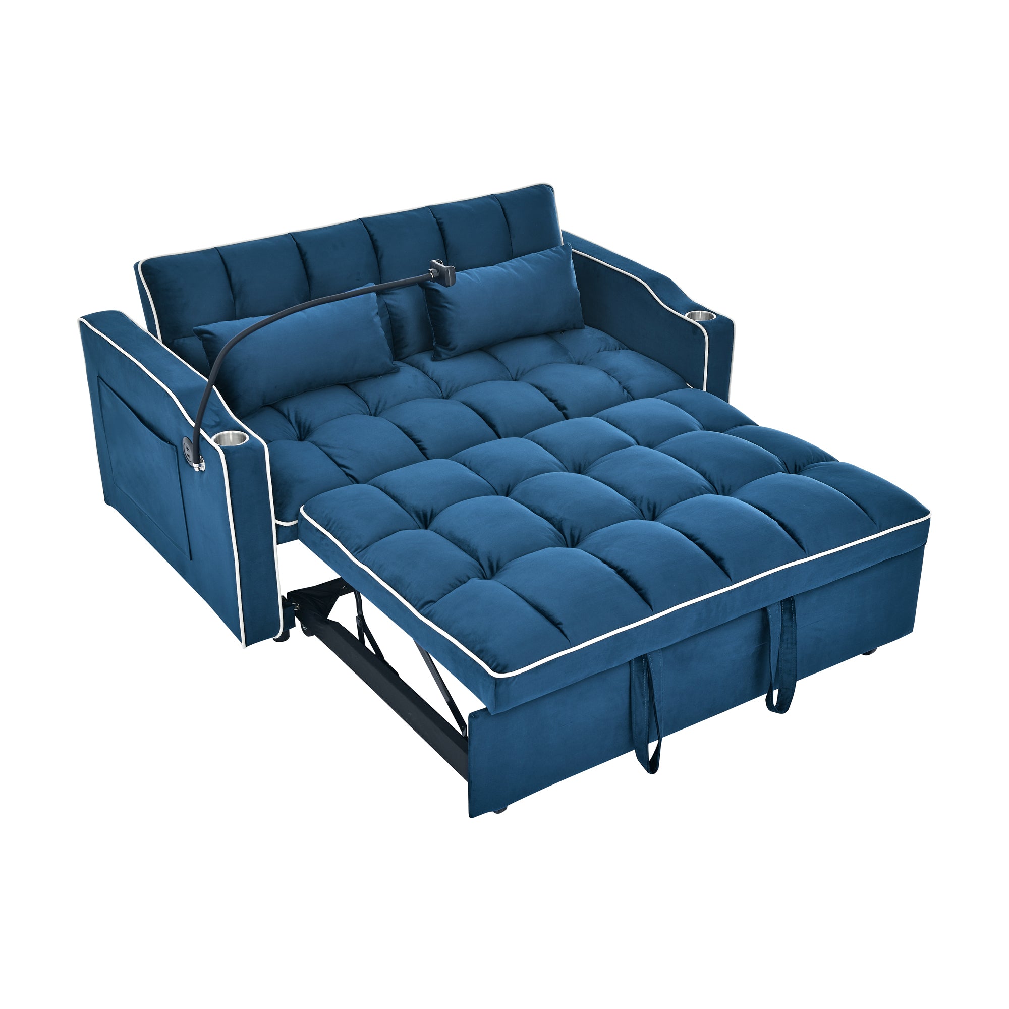 55.51" Foldable Velvet Sofa Bed with Adjustable Back, Pull-Out Design with USB Port, Ashtray, and Swivel Phone Stand, Blue