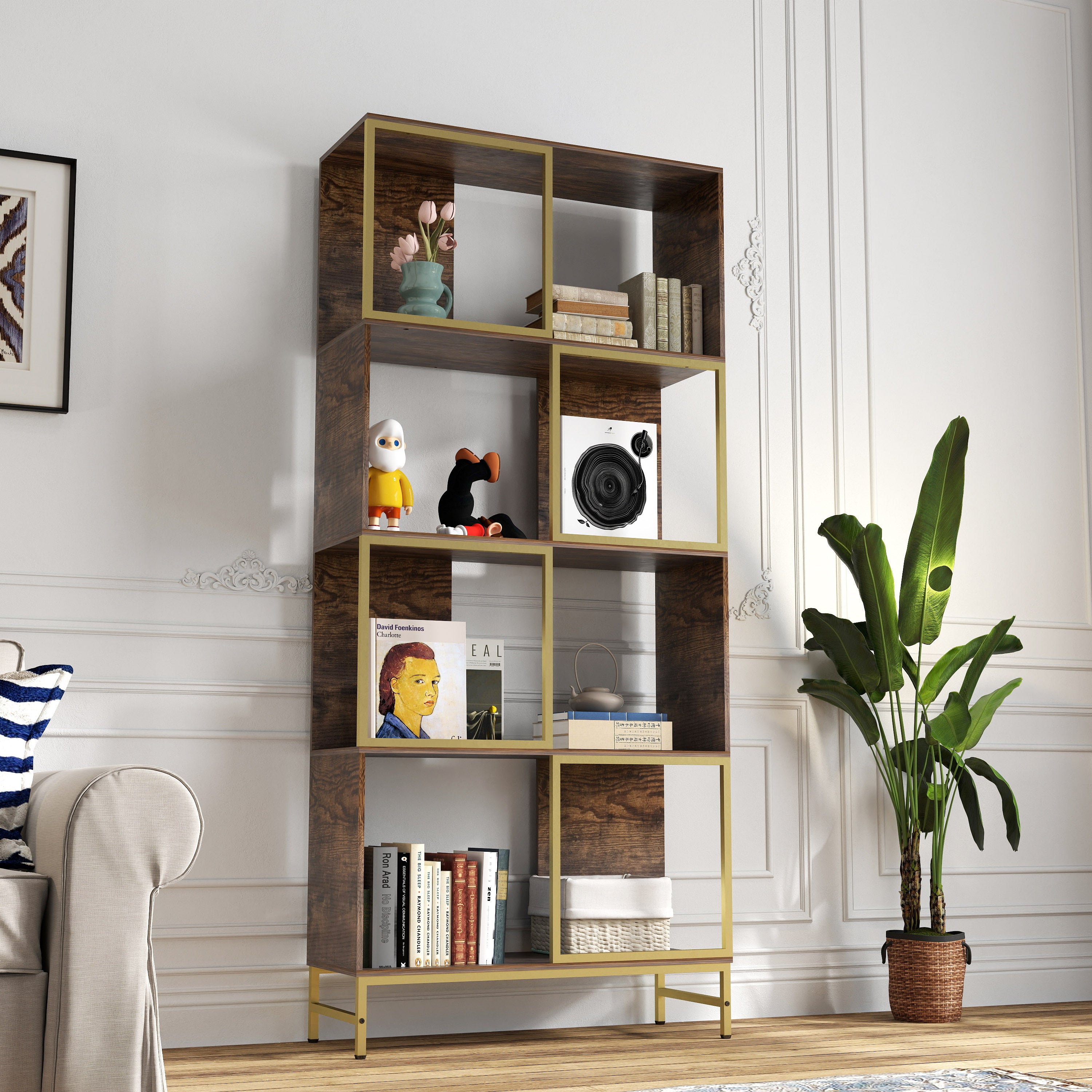 4-Tier Industrial Bookshelf, Asymmetrical Display Shelf