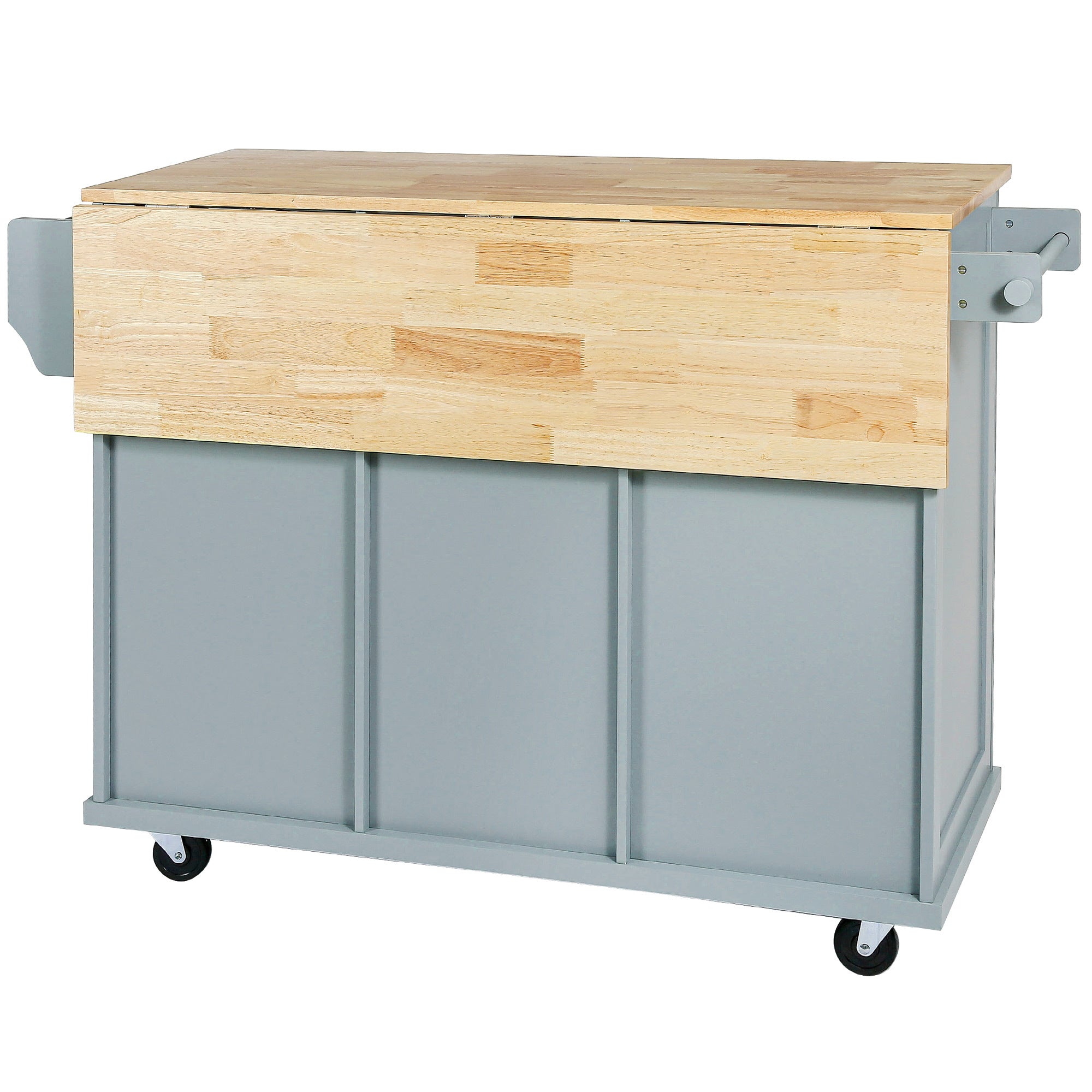 Kitchen Cart with Rubber wood Drop-Leaf Countertop on 5 Wheels with Storage Cabinet and 3 Drawers for Dinning Room, Grey Blue