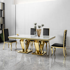 Rectangular Dining Table with Gold Polished Stainless Steel Base & MDF Marble Top for 6 - 8