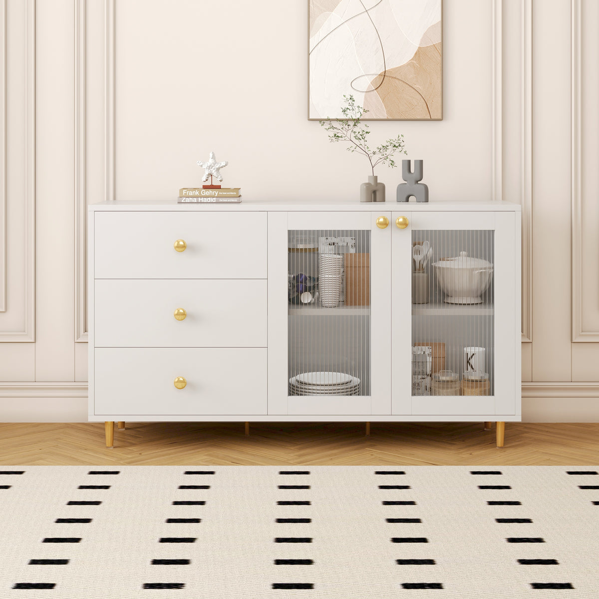 Minimalist White Sideboard with Glass Doors & Drawers for Storage - Modern Buffet for Dining Room