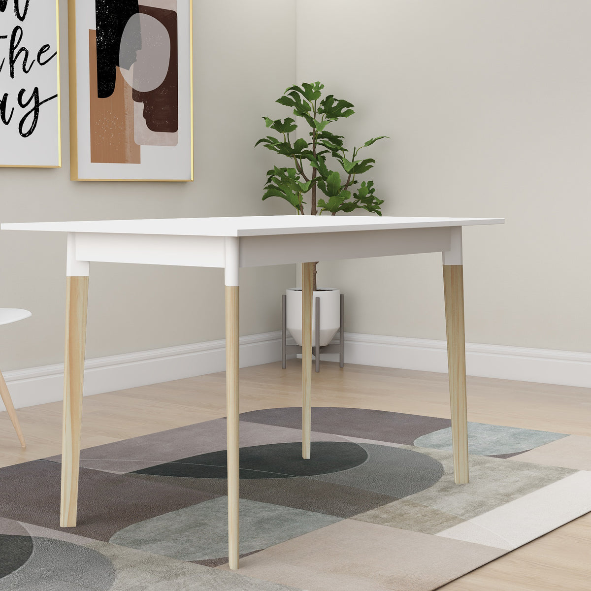 Modern Dining Table 47 Inch Kitchen Table Rectangular Top with Solid Wood Leg-White