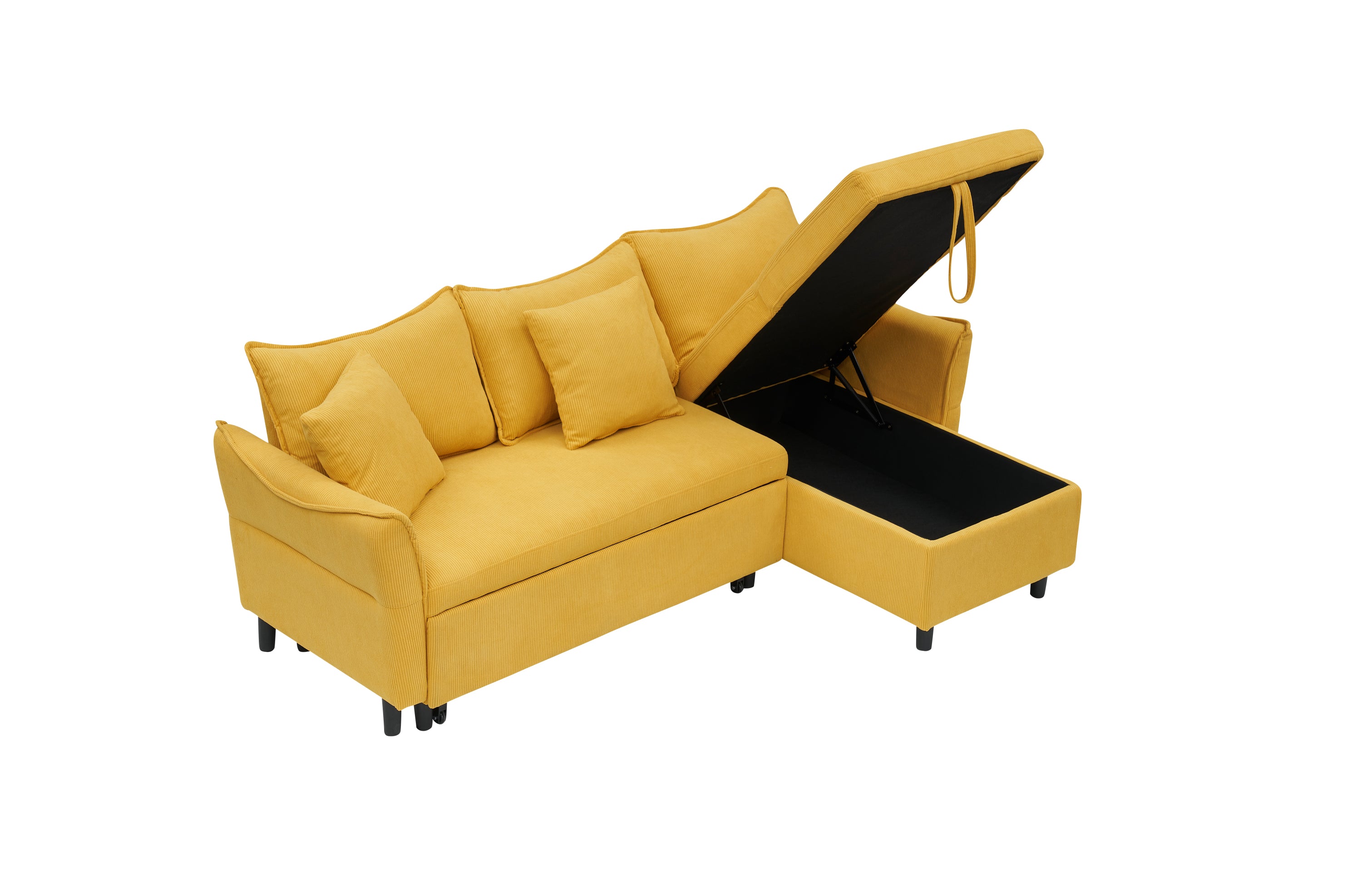 80" Yellow Corduroy L-Shaped Sofa Bed With Two Small Pillows - 3-Seater Sleeper Sofa With Storage For Living Room