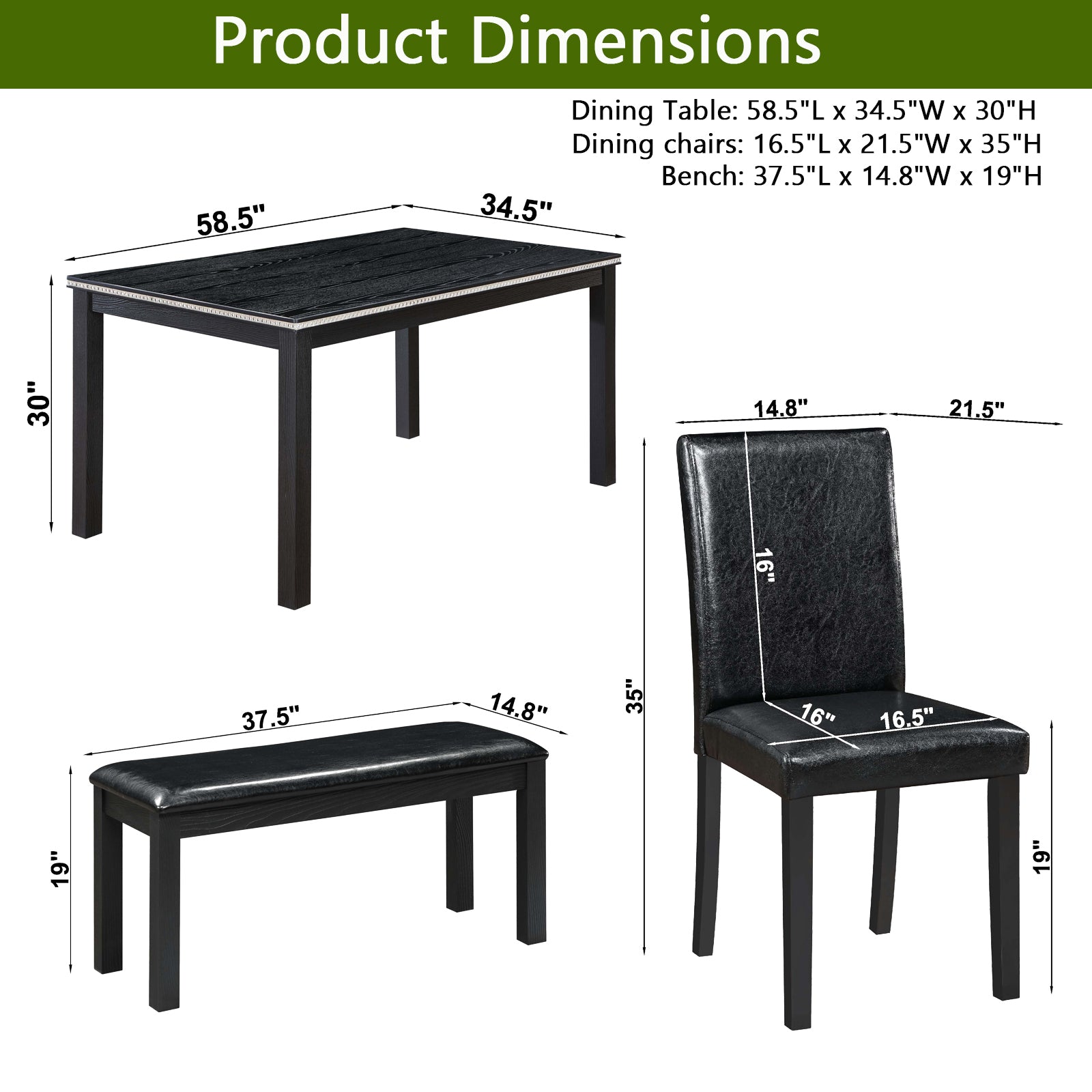 Wooden Dining Rectangular Table with Bench, Kitchen Table with Bench for Small Space, 6 Person Dining Table, Black