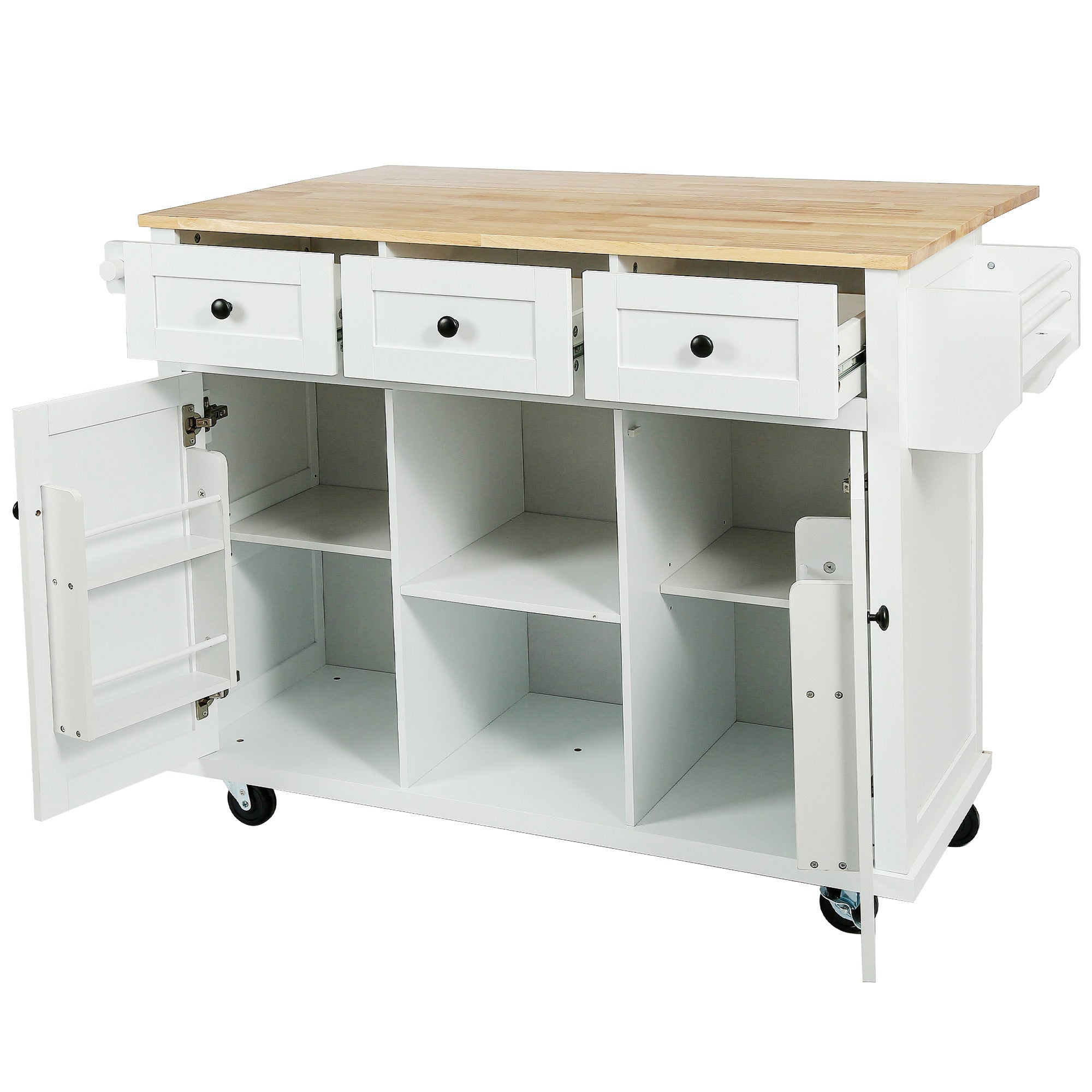 Kitchen Island on 5 Wheels with Storage Cabinet and 3 Drawers for Dinning Room,White