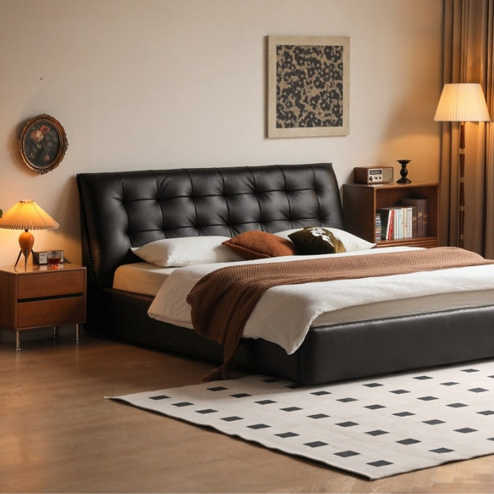 Genuine Leather Bed for Master Bedroom - Modern Minimalist Luxury Platform Bed with Top-Grain Leather Upholstered Headboard