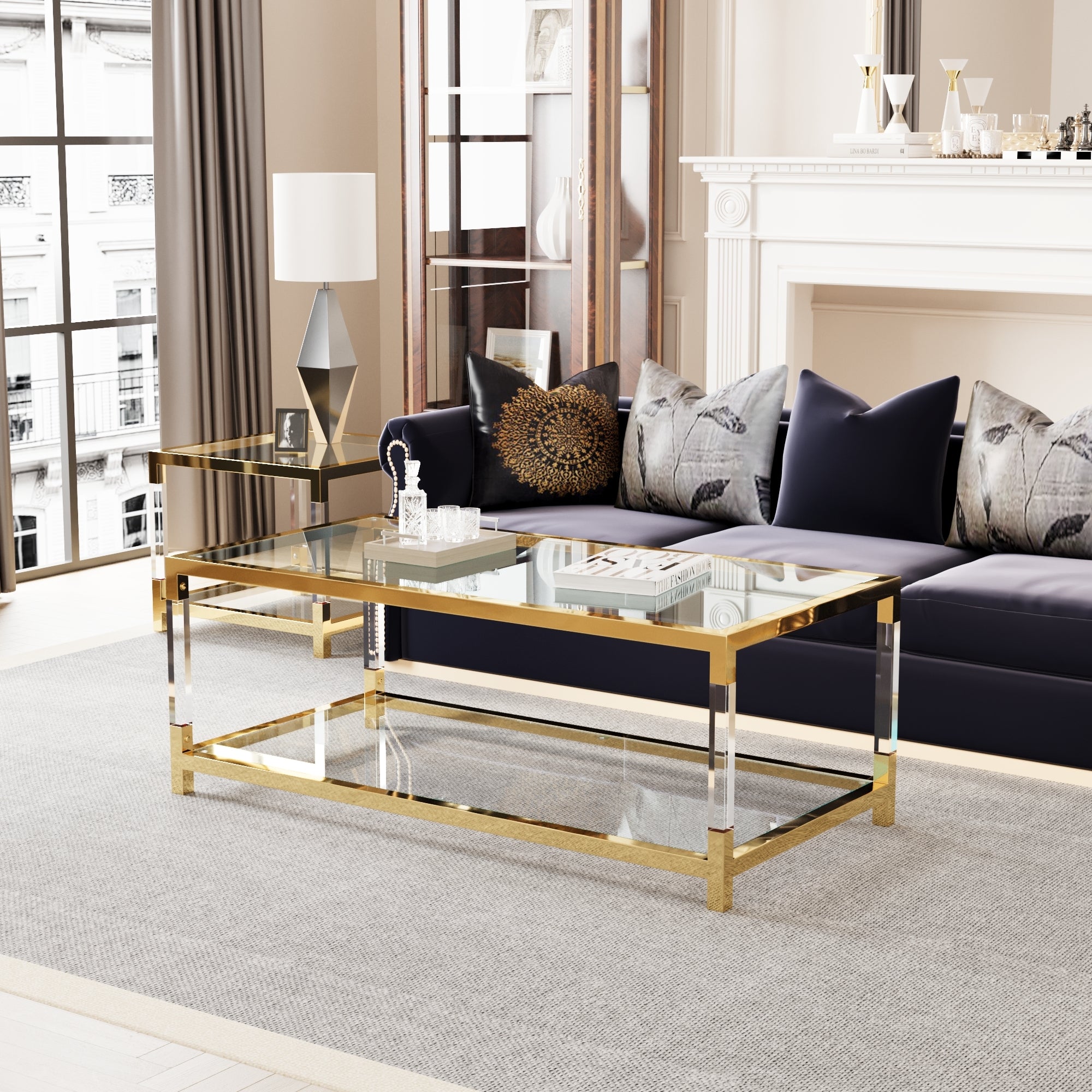 Modern minimalist living room furniture set, stylish transparent acrylic leg coffee table, square edge table, tempered glass face tea table combination gold end table