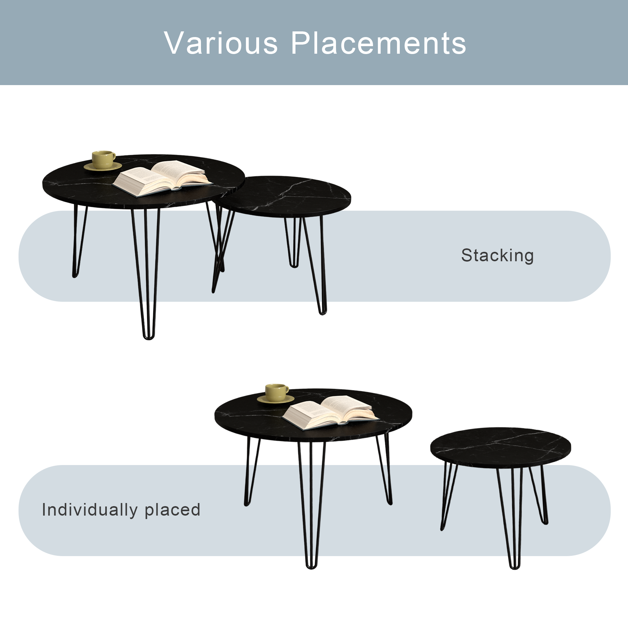 27.56'' Round Nesting Coffee Table Set of 2, Circular Nesting End Table Set, Round Marble Tabletop, and Sturdy Metal Base for Living Room, bedroom, Black