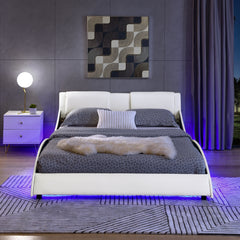 Queen Led Bed Frame Modern Faux Leather Upholstered Platform Bed Frame with RGB LED Lights and Headboard Wave Like Curve Low Profile Bed Frame,Wood Slats Support,Easy Assembly, White