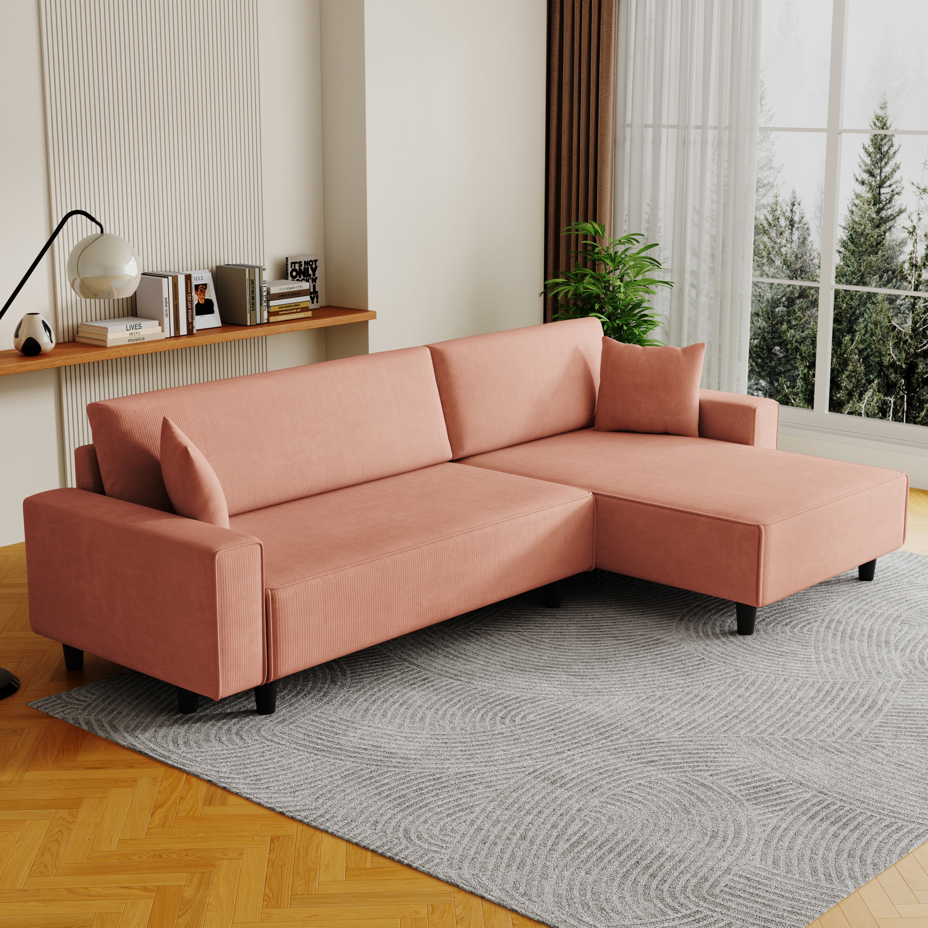 Modern 3-Seater Orange Corduroy Sofa Bed with Two Pillows - Sectional L-Shaped Sofa with Storage