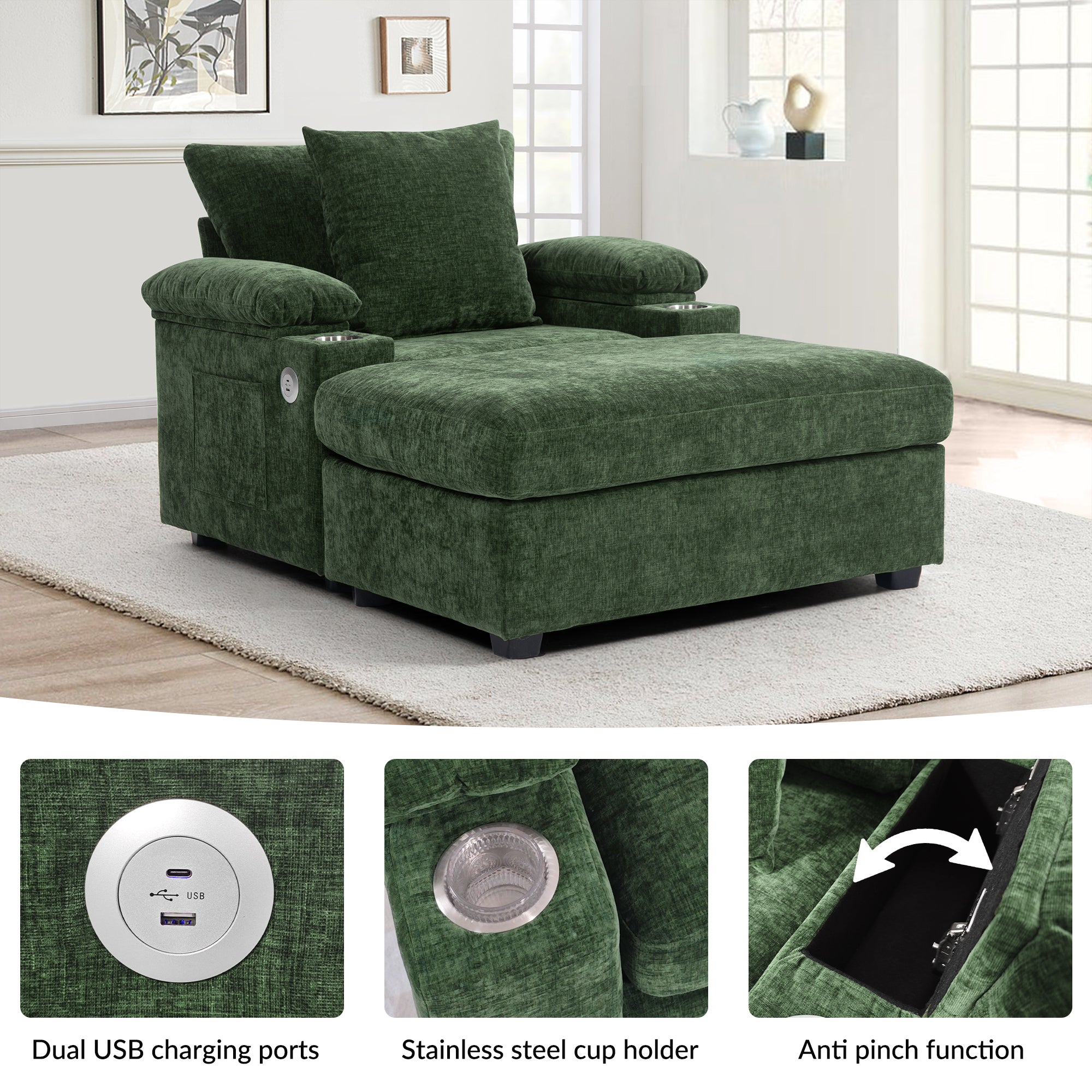 Modern Oversized Chair with Ottoman,Chenille Fabric Sofa Bed,Accent Chair Comfy Sofa with Cupholders and USB Charging Ports Chair for Living Room,Bedroom,Apartment