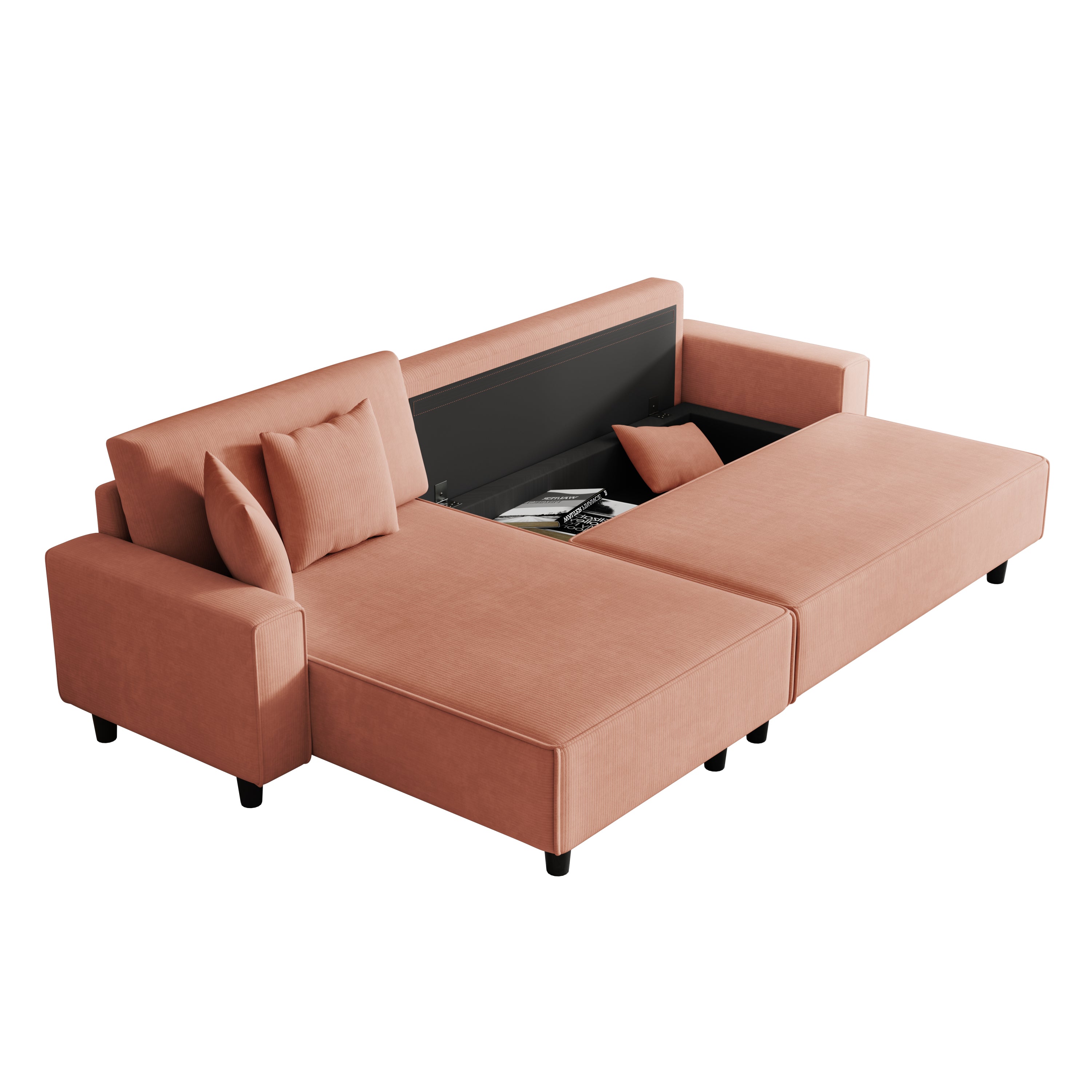 Modern 3-Seater Orange Corduroy Sofa Bed with Two Pillows - Sectional L-Shaped Sofa with Storage