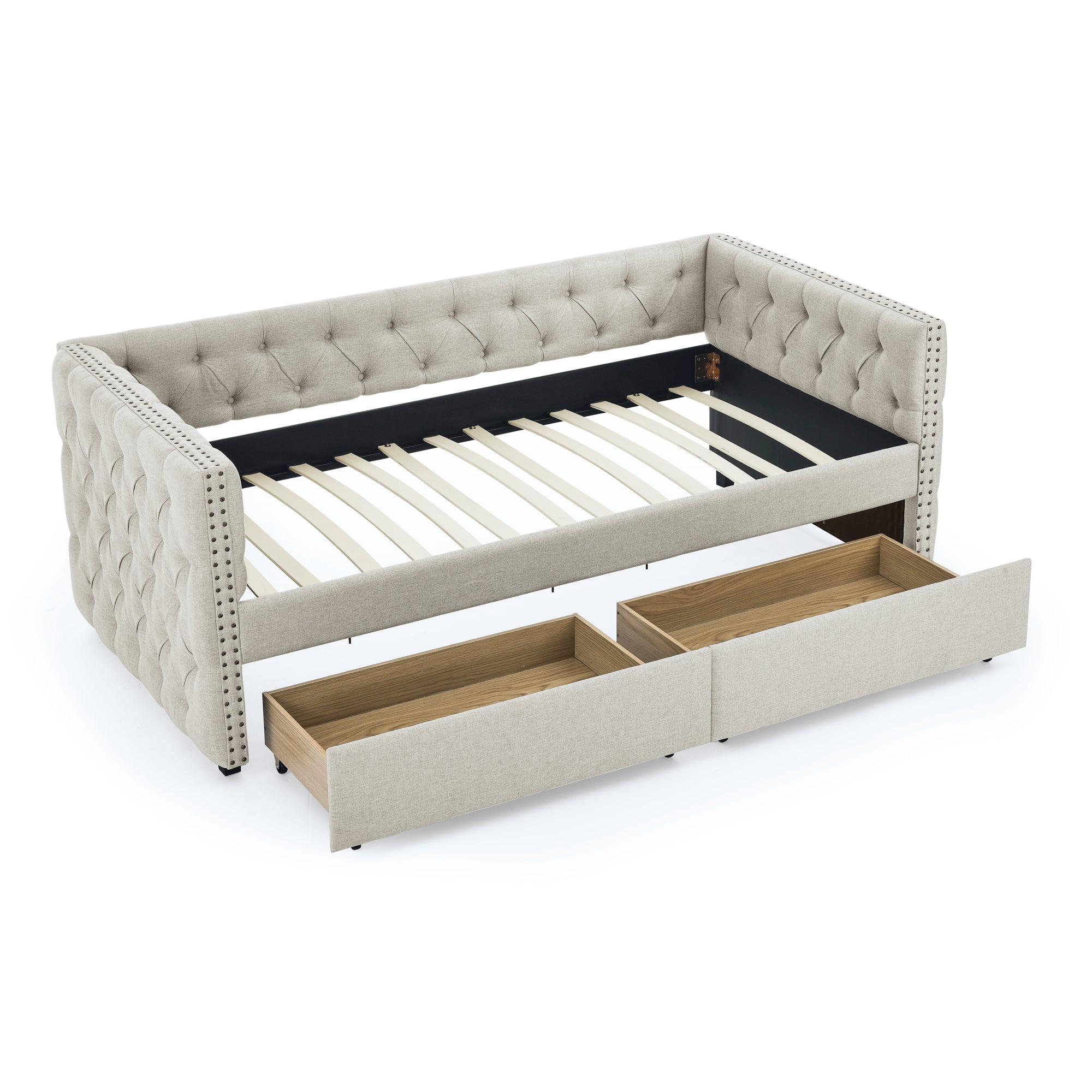 Upholstered Twin Size Daybed with Two Drawers, with Button and Copper Nail on Square Arms, Beige (82.75''x43''x30.75'')