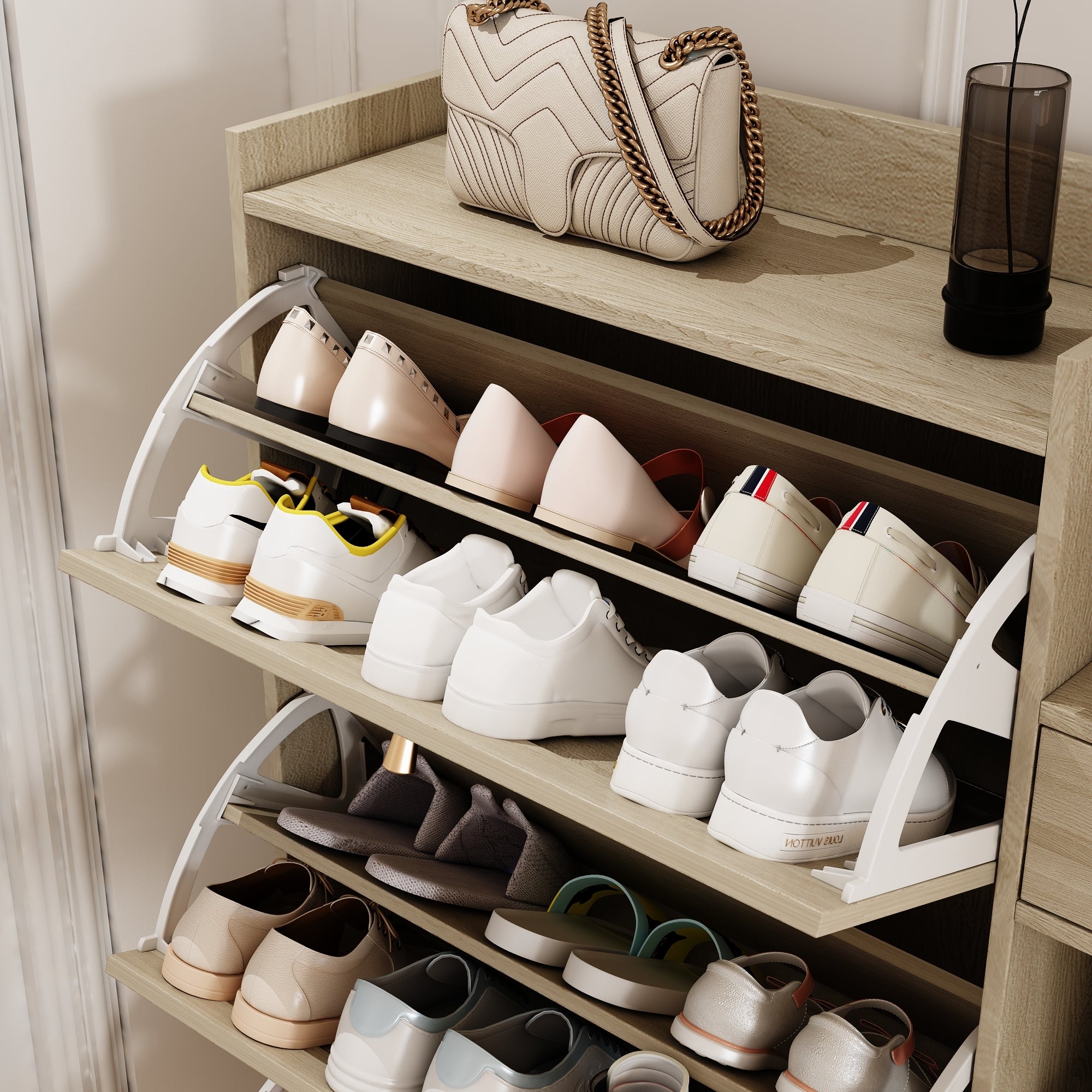 Boho Shoe Cabinet with 3 Rattan Flip Drawers & Storage, Natural