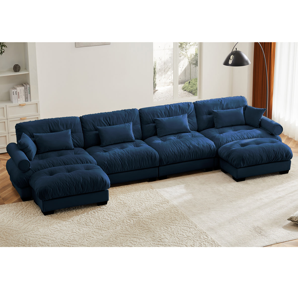 U-Shaped Velvet Sectional Cloud Couch with Movable Ottomans, Deep 4-Seater with Bolstered Armrests and Pillows, Blue