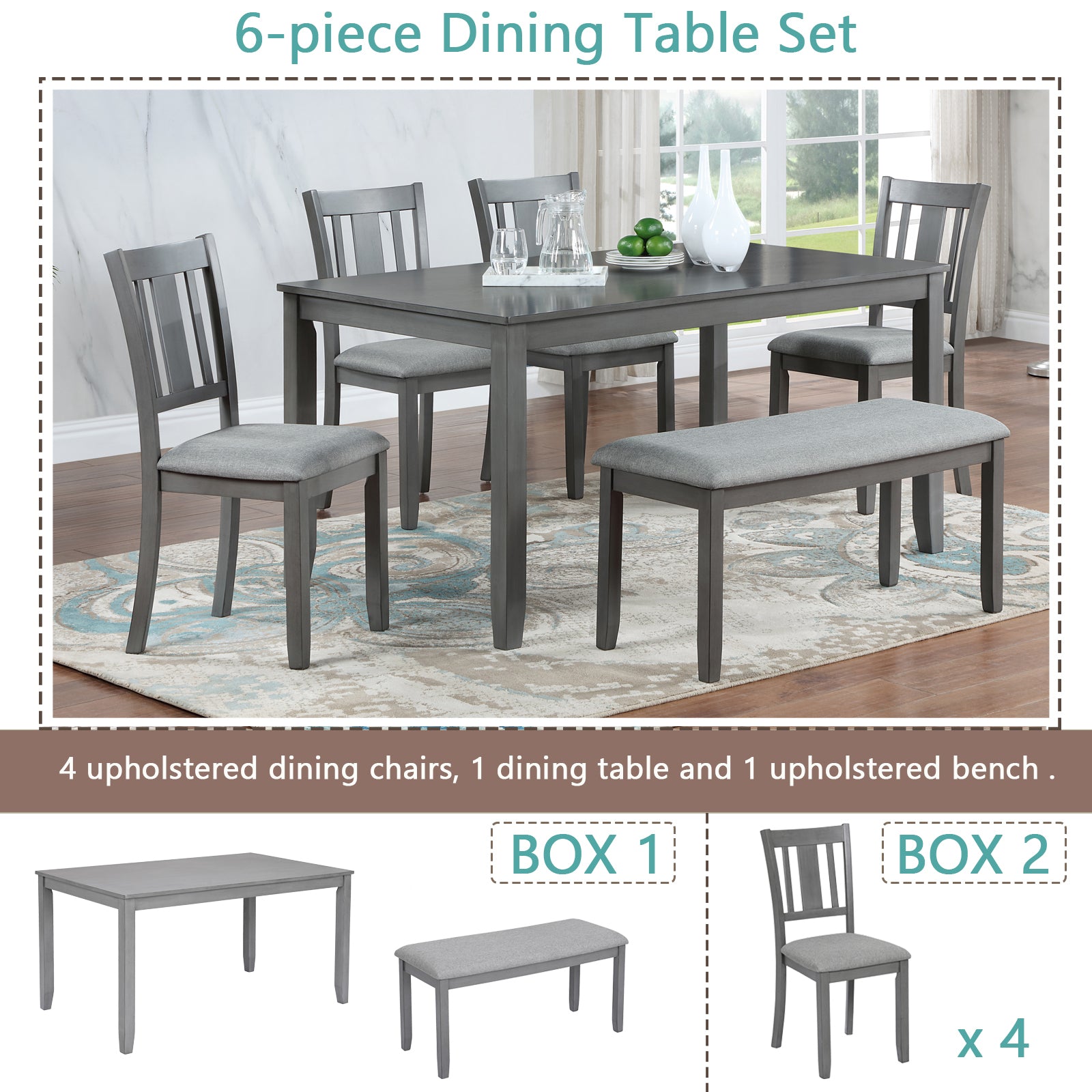 6 Piece Kitchen Dining Set, Rectangular Wooden Dining Table with 4 Upholstered Chairs and a Bench, Dining Table Set for 6 People, Living Room, Home Bar and Kitchen, Gray