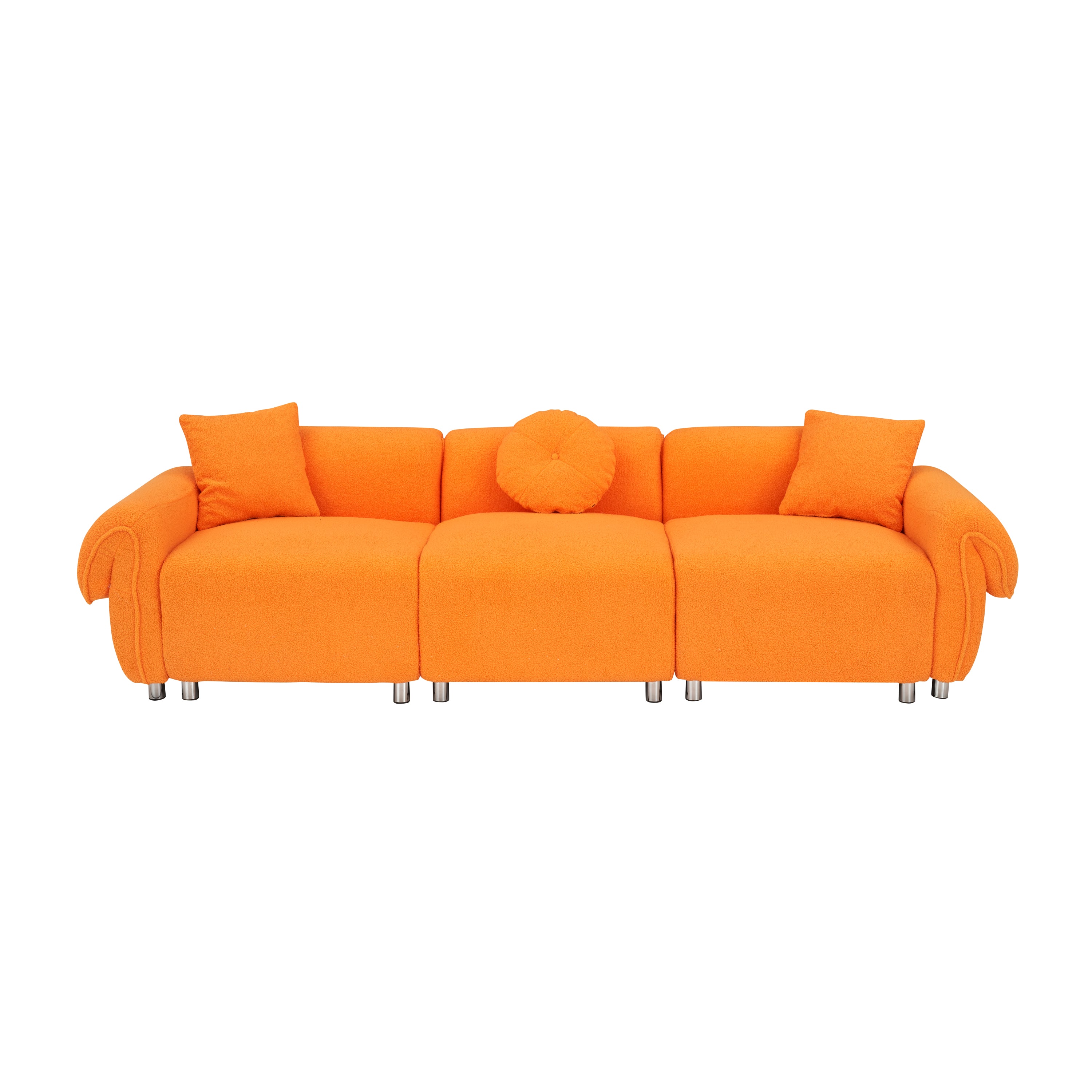 112 inch orange teddy velvet fabric, with 3 pillows, three sofa can be placed in the living room and other scenes Orange teddy velvet fabric, with 3 pillows, three sofa can be placed in the living roo