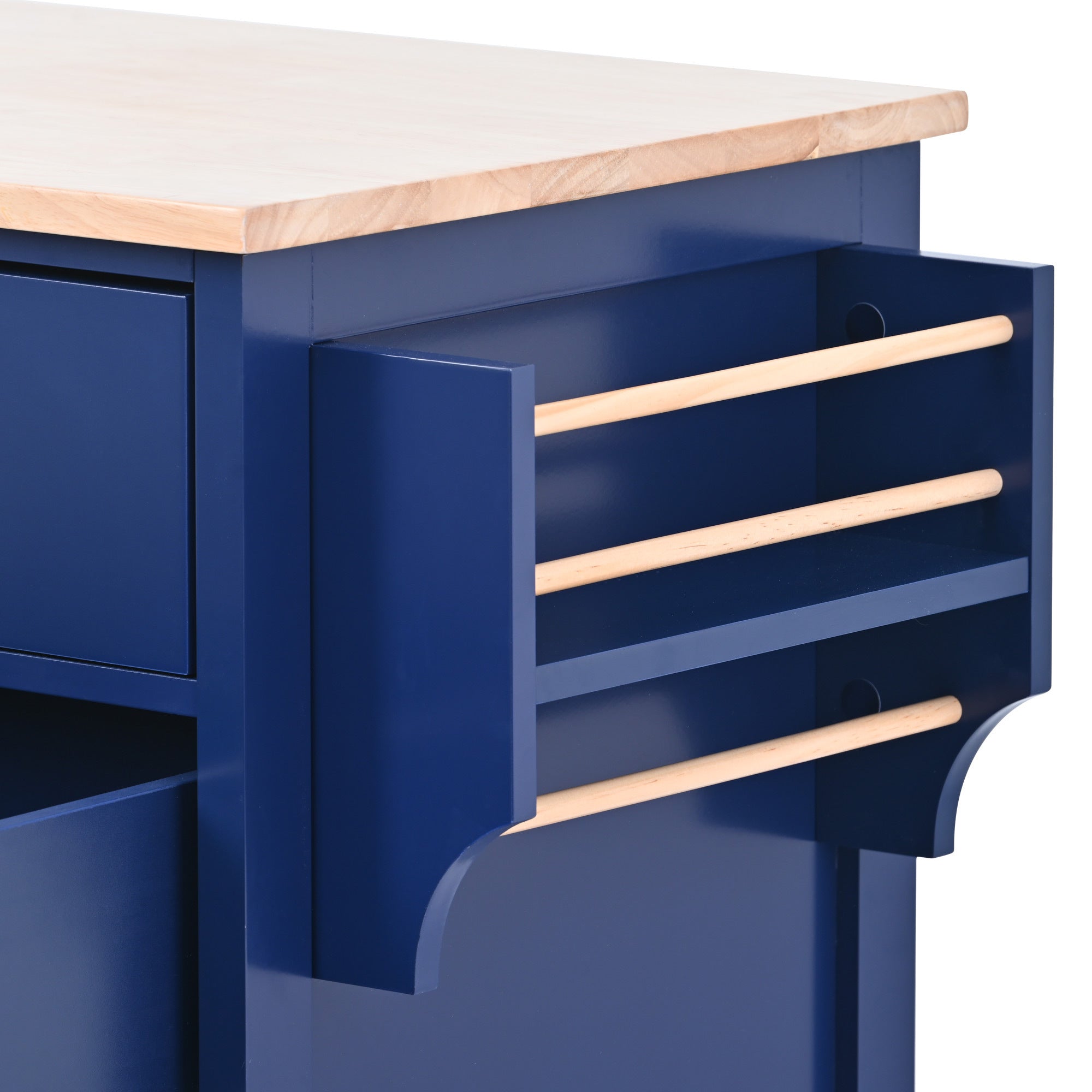 K&K Store Kitchen Cart with Rubber Wood Countertop , 8 Handle-Free Drawers and 5 Wheels for Kitchen Dinning Room, Dark Blue