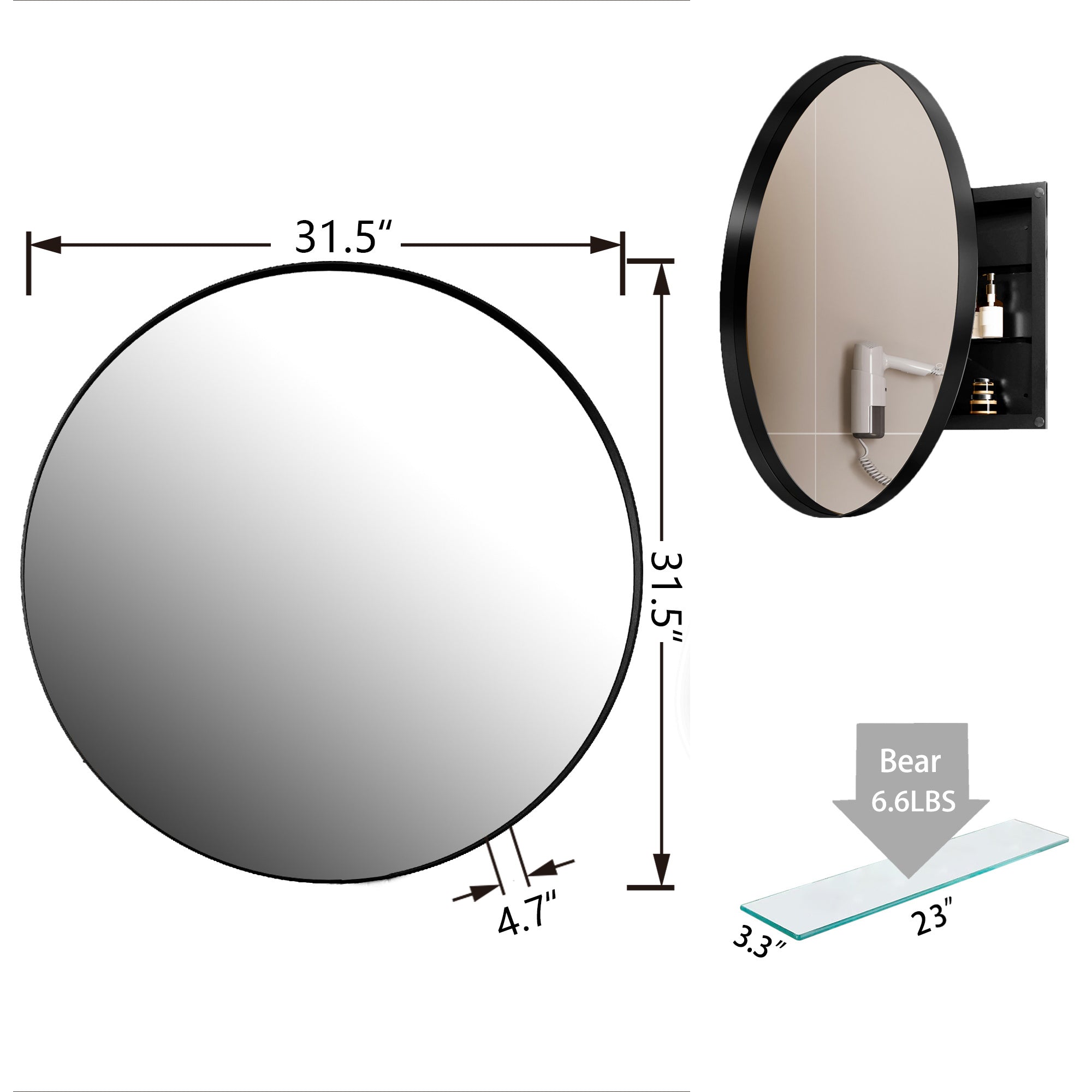 31.5 Inch Surface Mount Round Metal Framed Medicine Cabinet with Mirror and Adjustable Shelves Black Wall Mirror with Storage for Bathroom, Matte Black