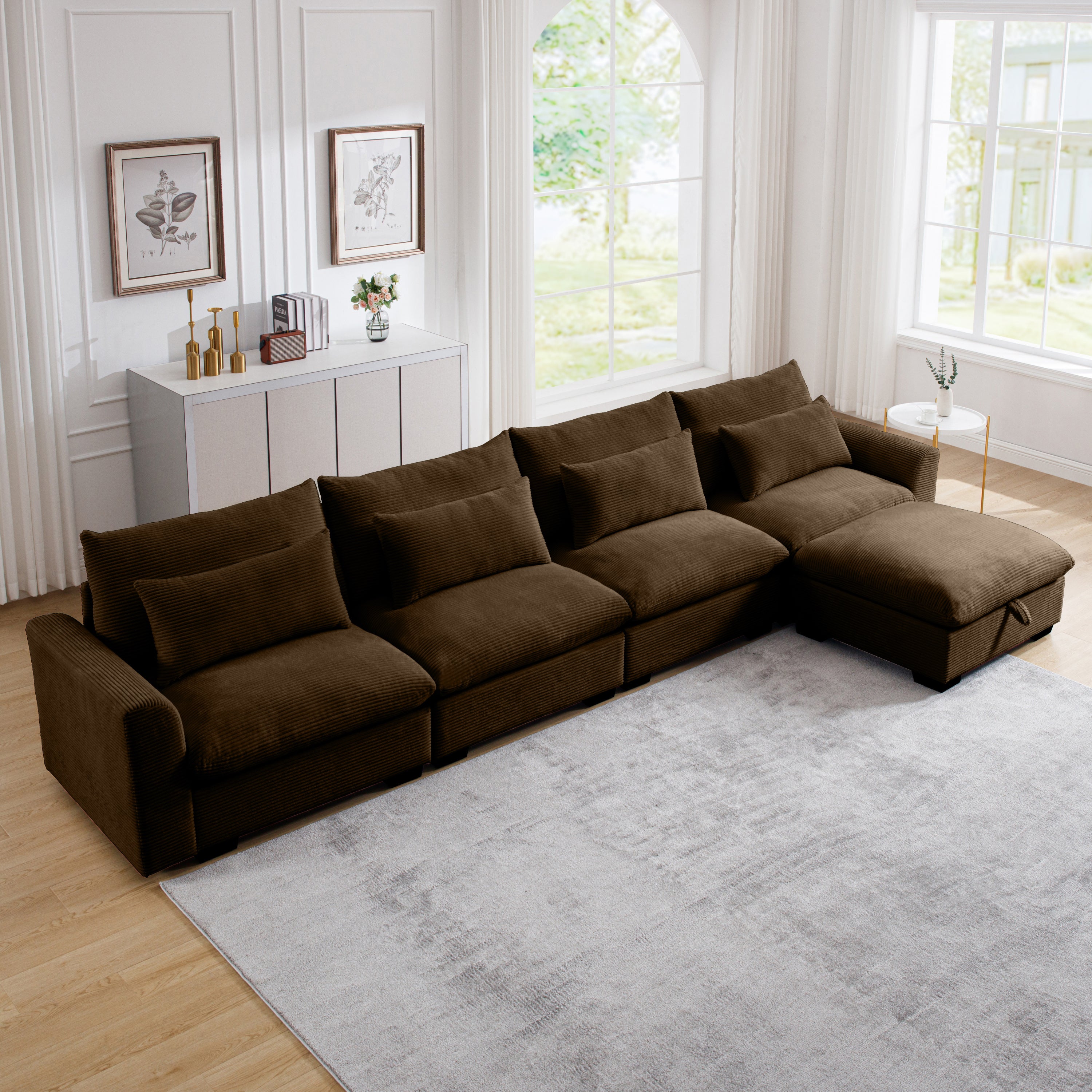 Large L Shape Sectional Corduroy Sofa,Deep Seat Couch with Storage Footstool and 4 Waist Pillows, Brown