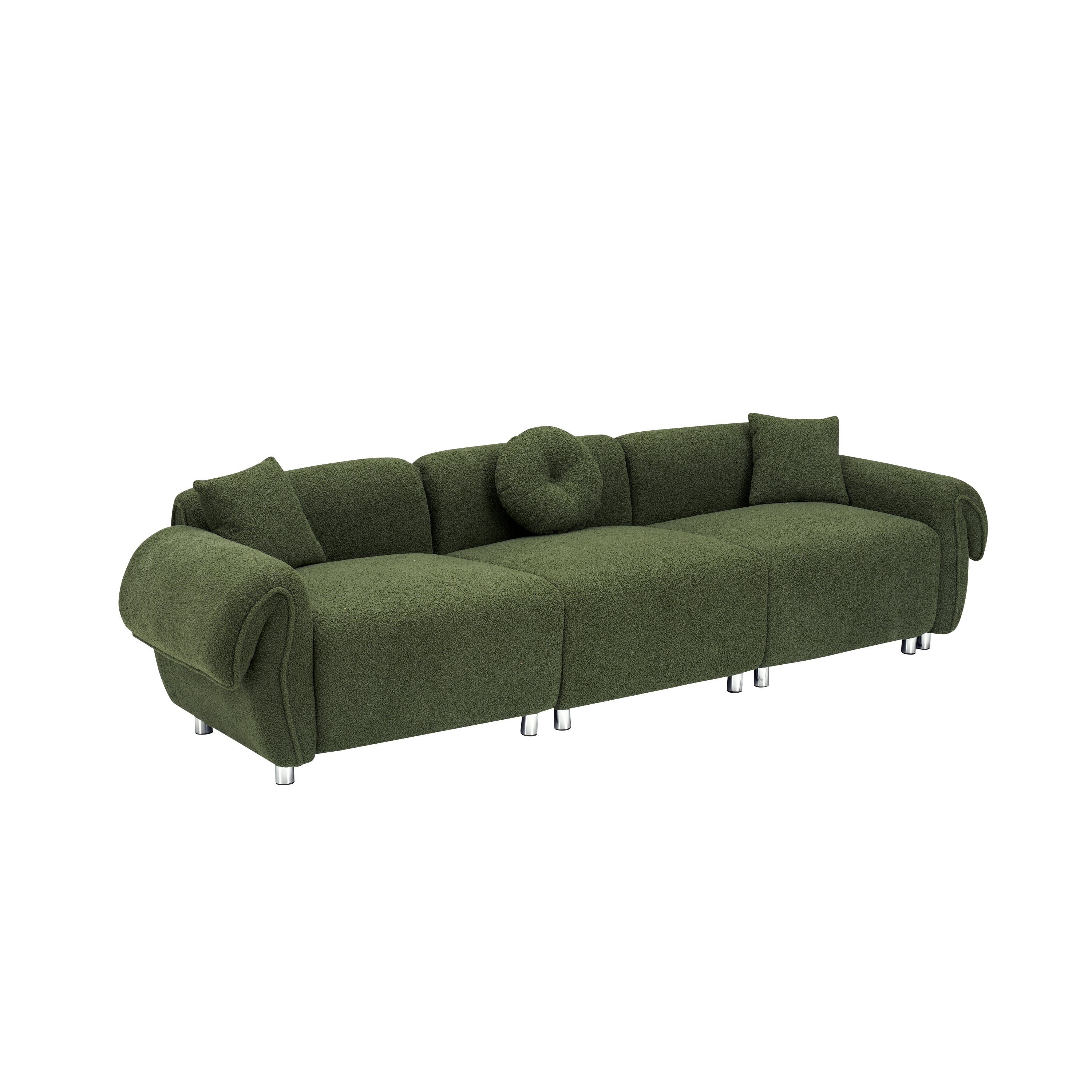 112 inches of green teddy velvet fabric, with 3 pillows, three-person sofa can be placed in the living room and other scenes Green teddy velvet fabric, with 3 pillows, three-person sofa can be placed