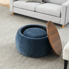 Round Storage Ottoman, 2 in 1 Function, Work as End table and Ottoman,with small seat,Dark blue(25"x25"x14.7")