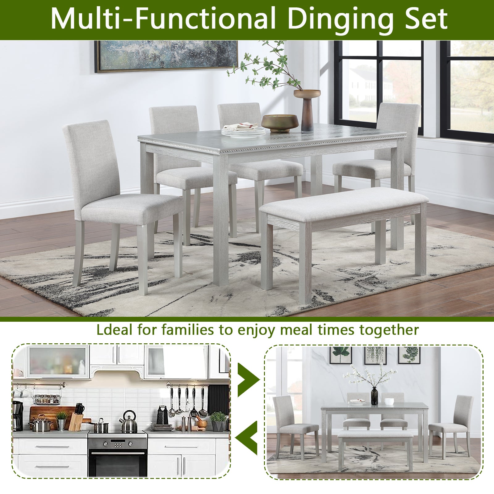 Wooden Dining Rectangular Table with Bench, Kitchen Table with Bench for Small Space, 6 Person Dining Table, Silver grey