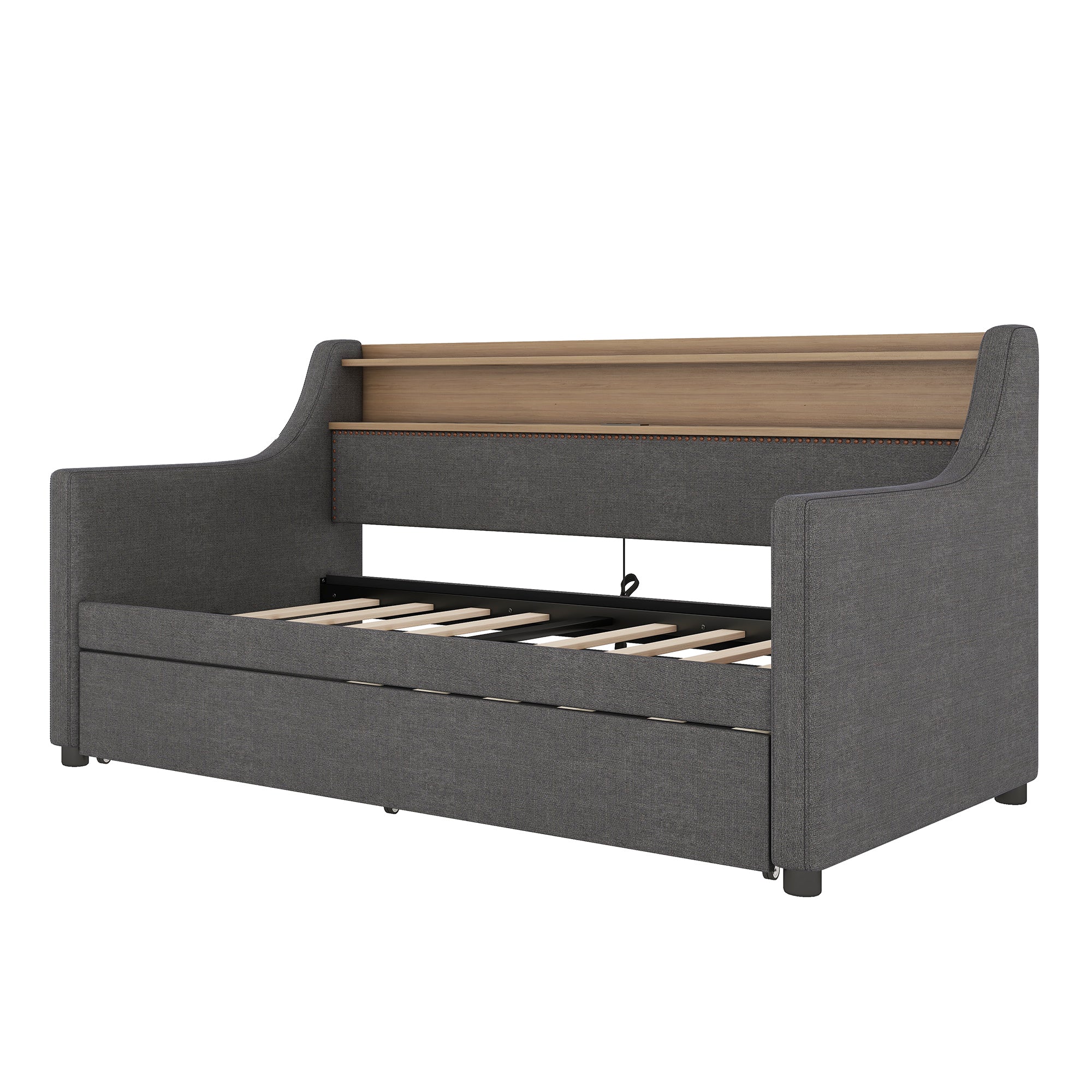 Twin Size Daybed with Trundle Bed, Upholstered Sofa Bed with Charging Station and LED Lights, Gray