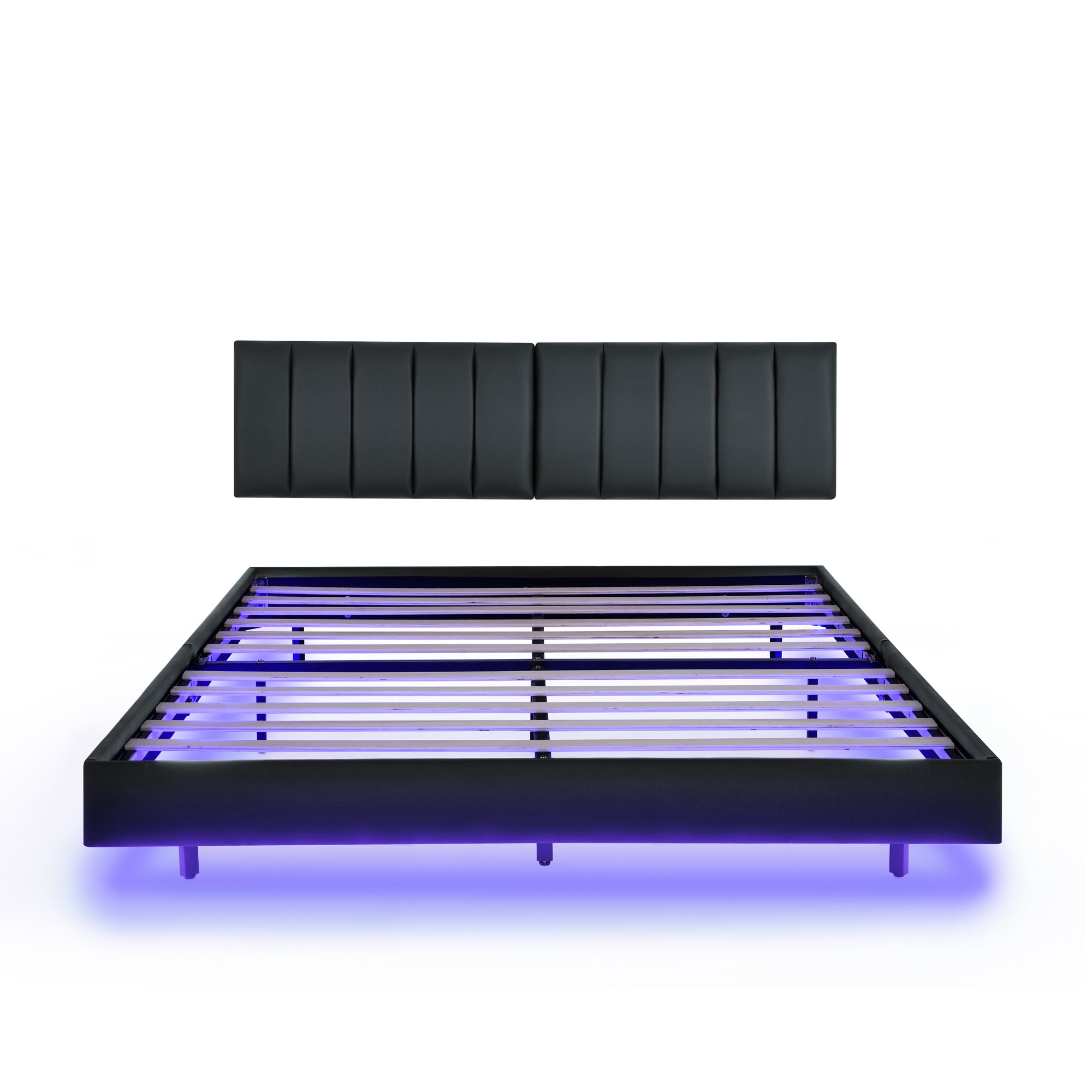 Queen Floating Bed Frame with LED Lights and Wall Mounted Headboard Modern Low Profile Led Platform Bed Frame Queen Size Faux Leather Upholstered Platform Bed Frame,No Box Spring Needed,Black