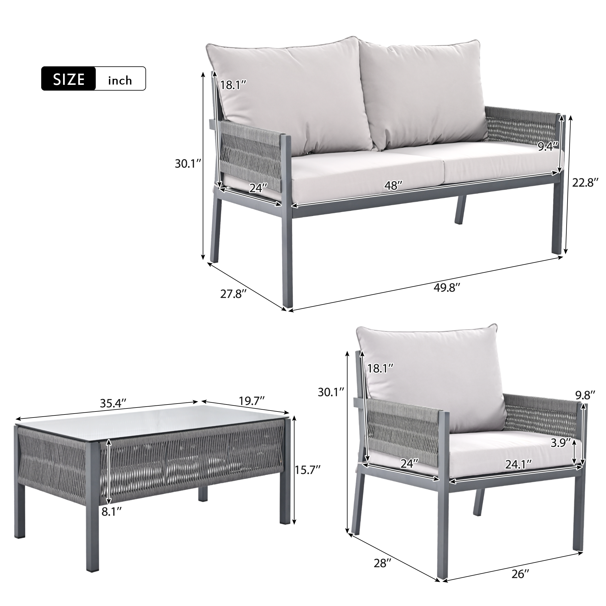 K&K 4-Piece Rope Patio Furniture Set with Tempered Glass Table-Patio Conversation Set Deep Seating with Thick Cushion for Backyard Porch Balcony, Grey