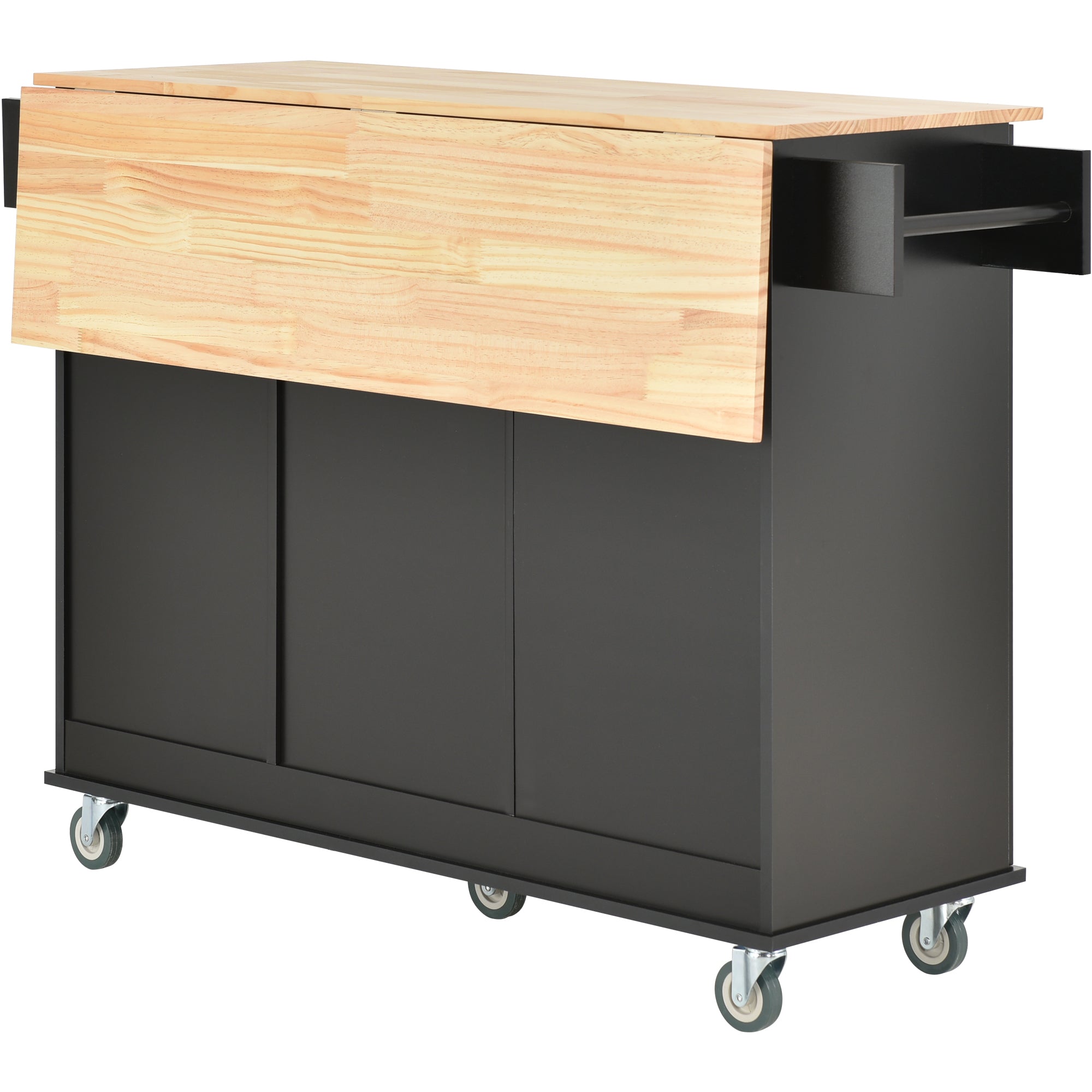 Black Rolling Mobile Kitchen Island with Solid Wood Top and Locking Wheels,52.7" Width with Storage Cabinet and Drop Leaf