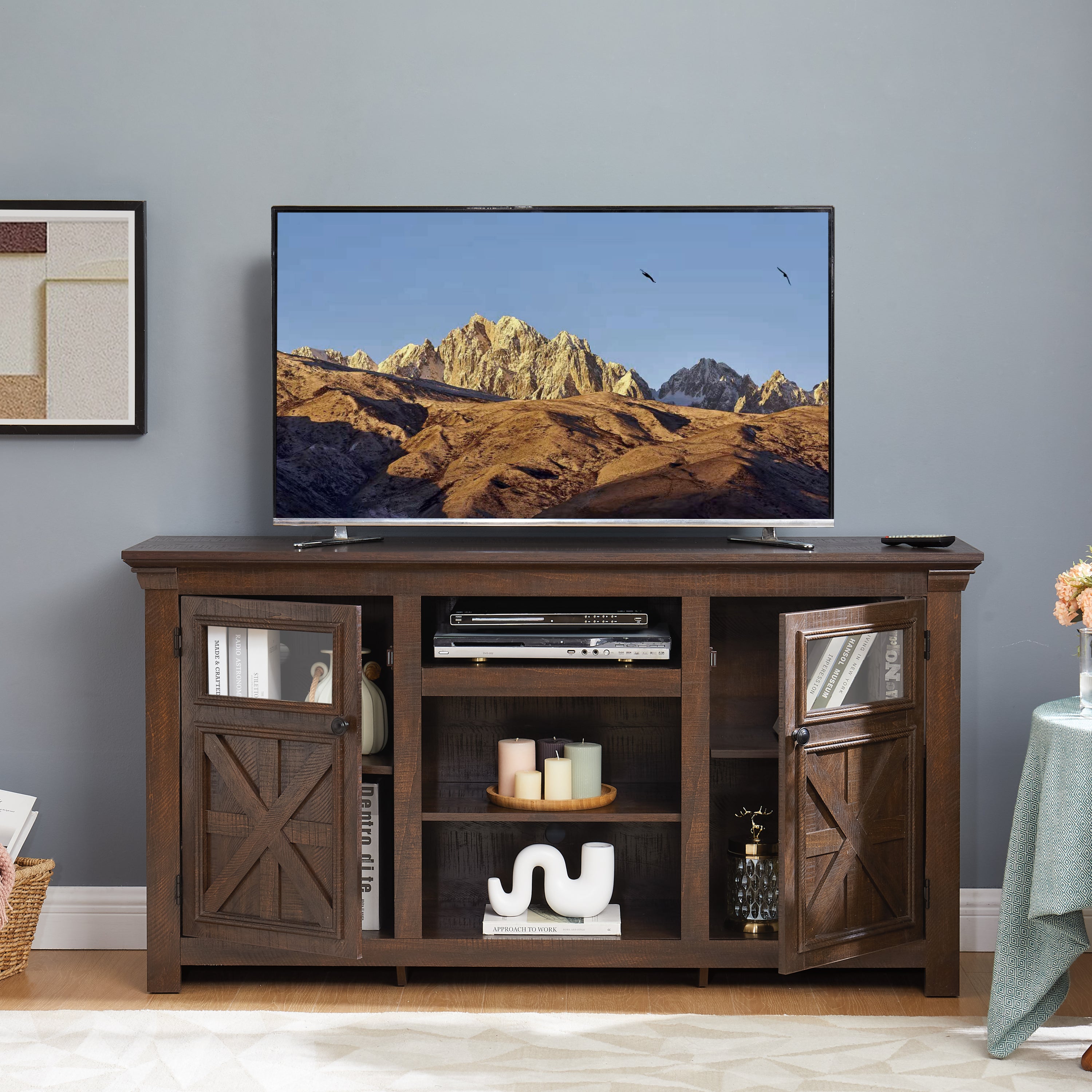 2 Doors Cabinet TV Stand with Large Barn Inspired Home Entertainment Console,Espresso