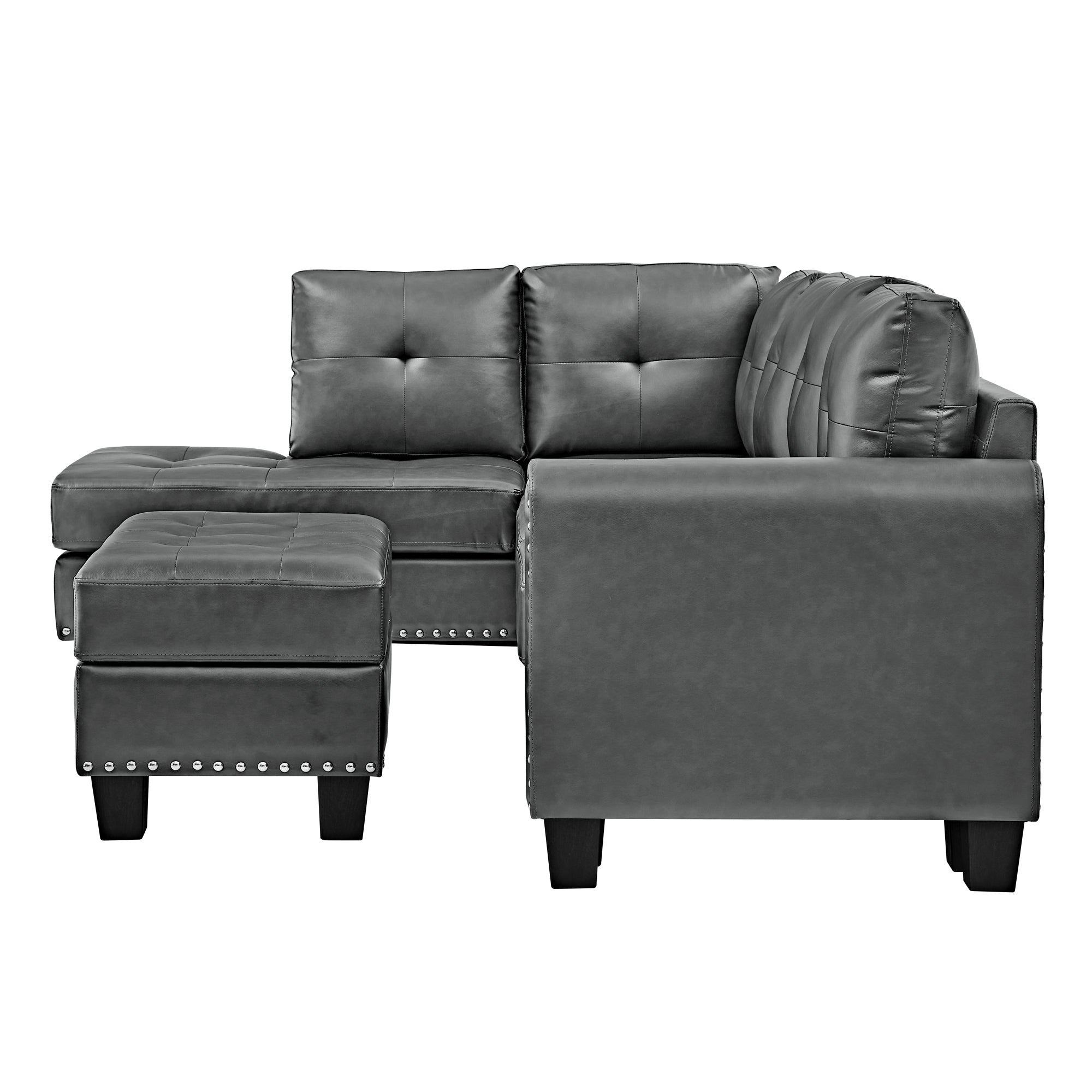 Sectional 3-Seaters Sofa , reversible recliner, Storage pad and wood grain cup holder, Non-slip leg, pu, grey