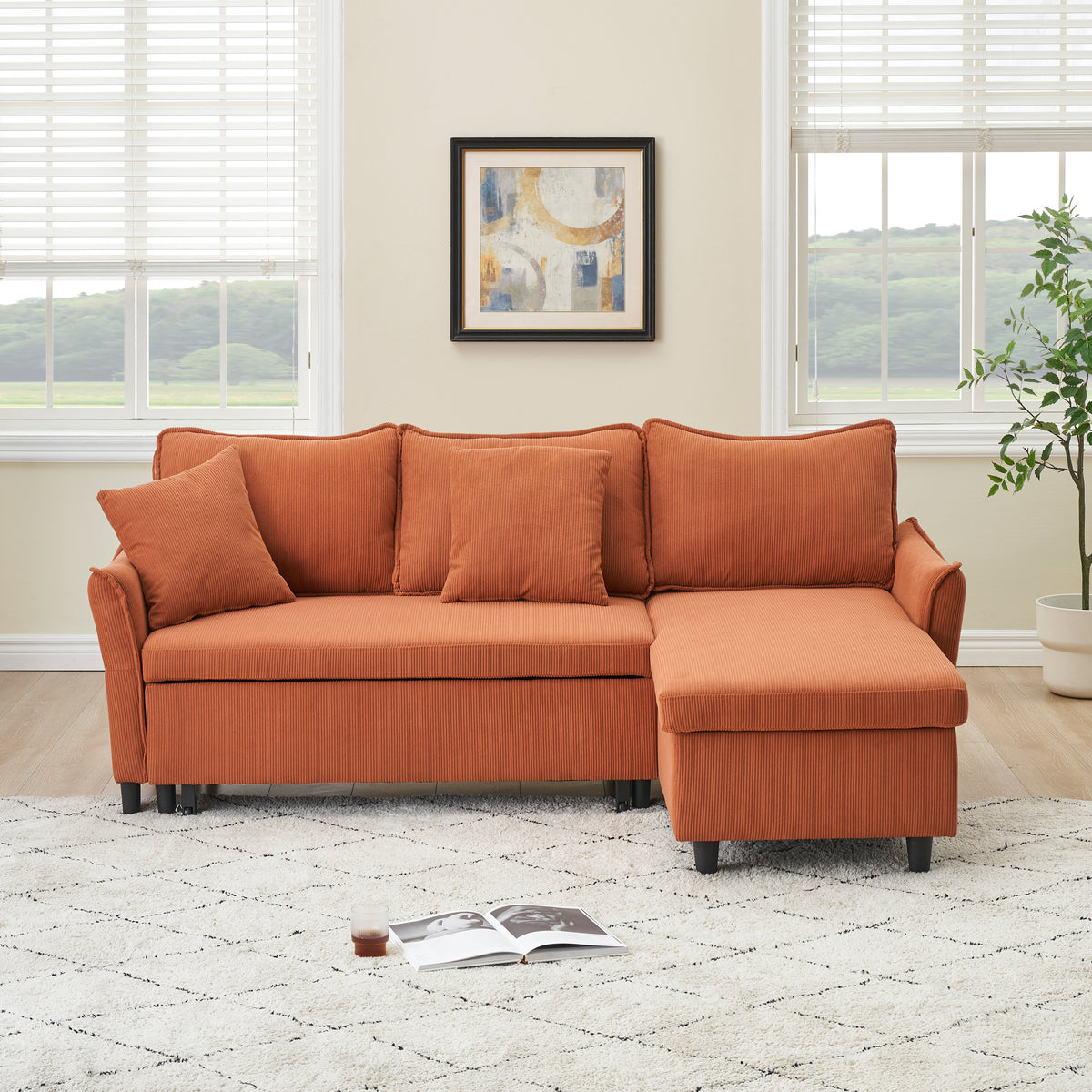 80" Orange Corduroy 3-Seater Sofa Bed With Two Small Pillows - Pull-Out Sofa With Storage For Living Room